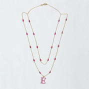 Personalized Initial Letter E Two Layer Station Necklace In Ruby Lab Grown Gemstone