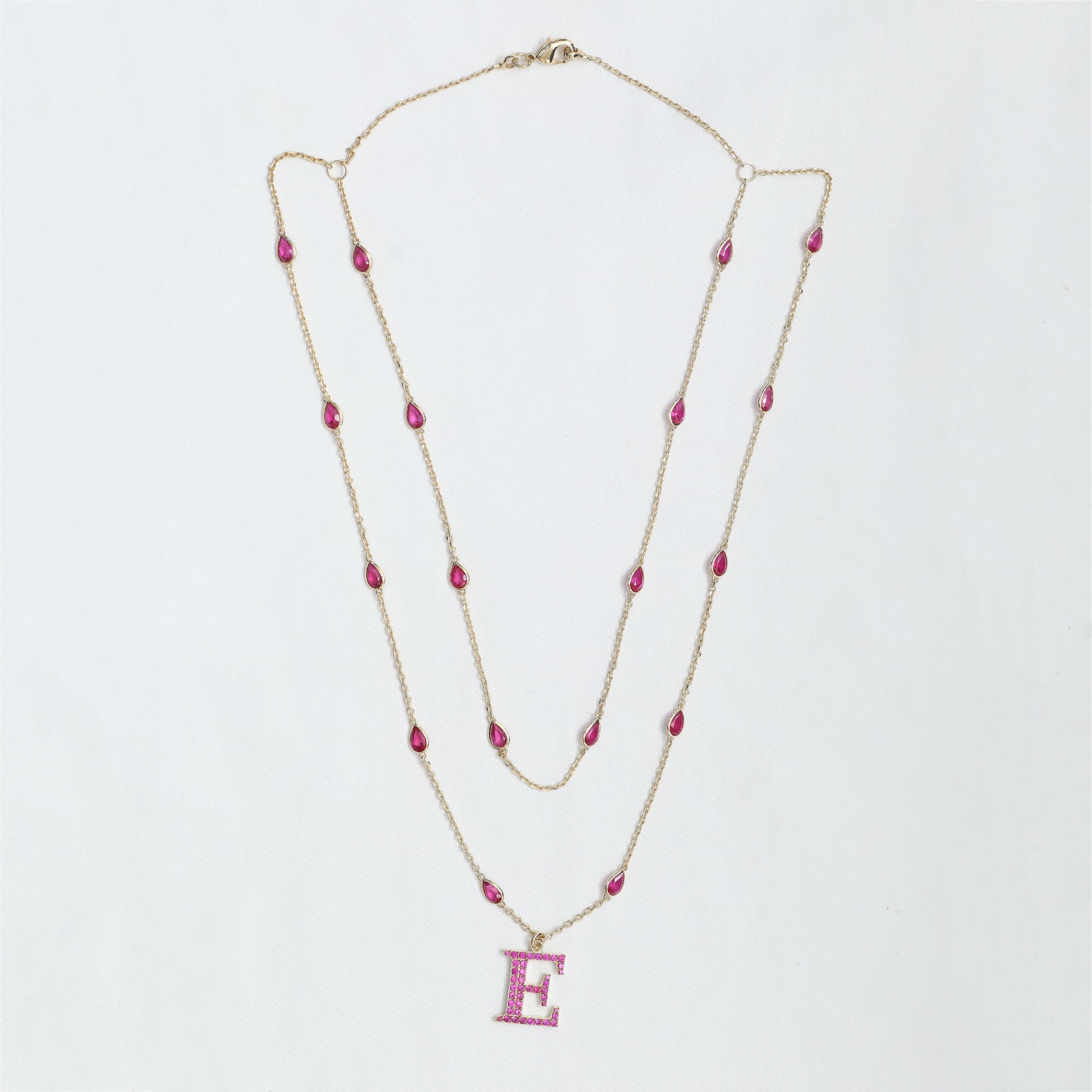Personalized Initial Letter E Two Layer Station Necklace In Ruby Lab Grown Gemstone