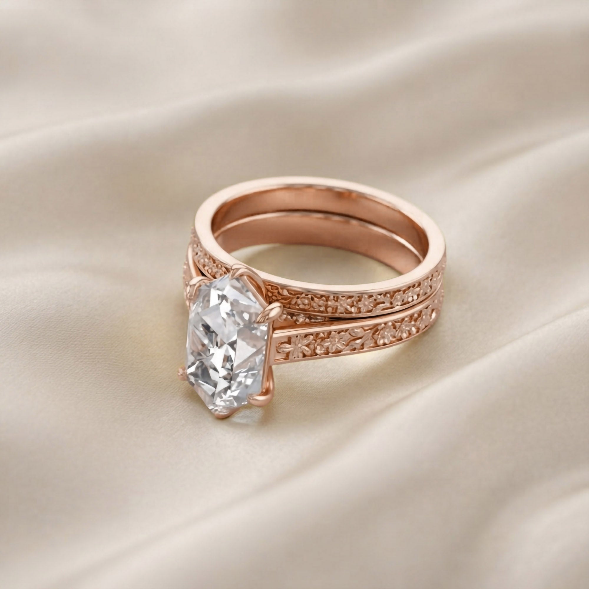 4.20 CT Vintage Inspired Filigree Bridal Ring Set with Hidden Halo Lab grown Diamond