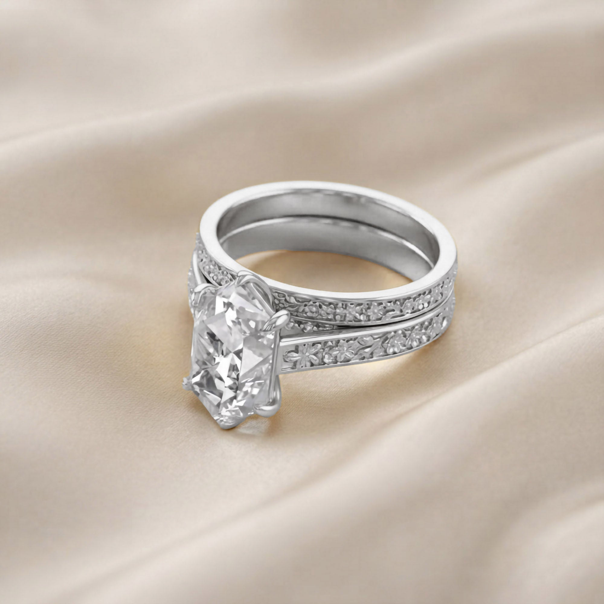 4.20 CT Vintage Inspired Filigree Bridal Ring Set with Hidden Halo Lab grown Diamond