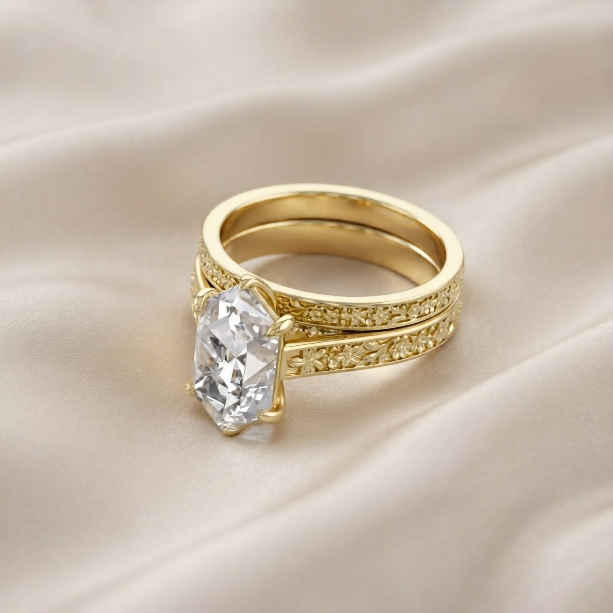 4.20 CT Vintage Inspired Filigree Bridal Ring Set with Hidden Halo Lab grown Diamond