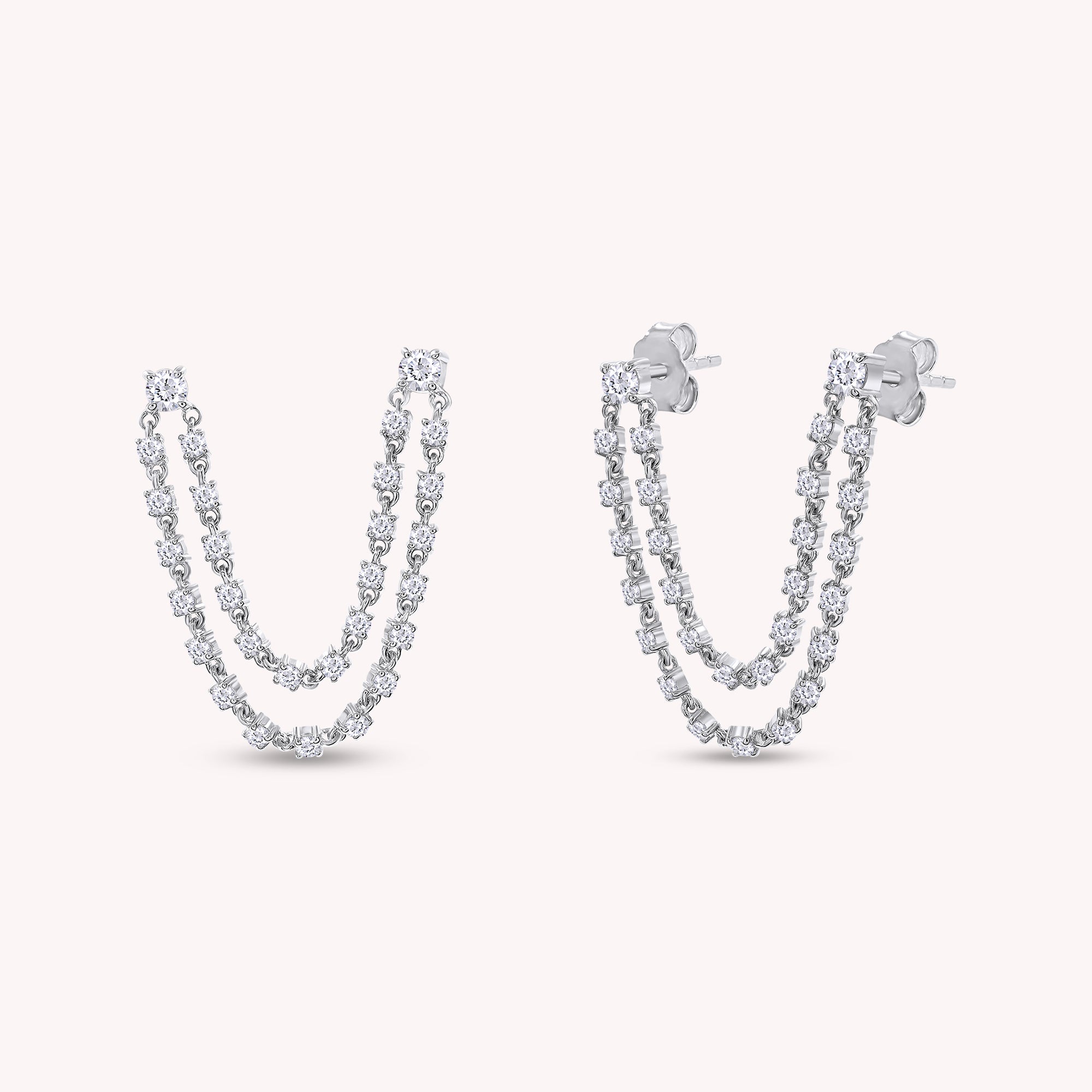 Double Piercing Dangle Chain Studs Earrings, 1.00 Carat Moissanite Drop Earrings In 14k Gold Over Sterling Silver