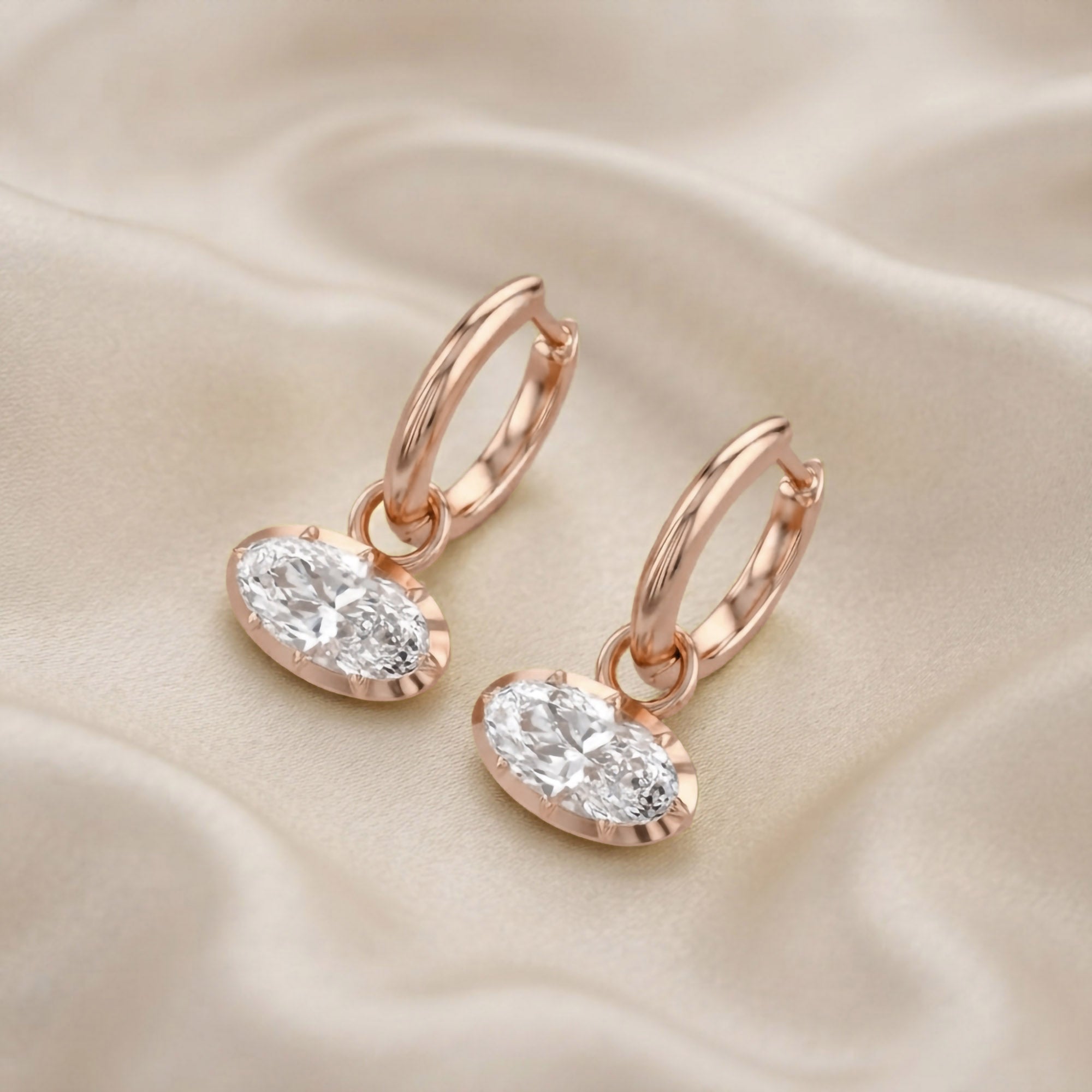 2.10 CT Elongated Oval Cut Lab Grown Diamond Huggie Hoop Drop 14k Gold Earrings