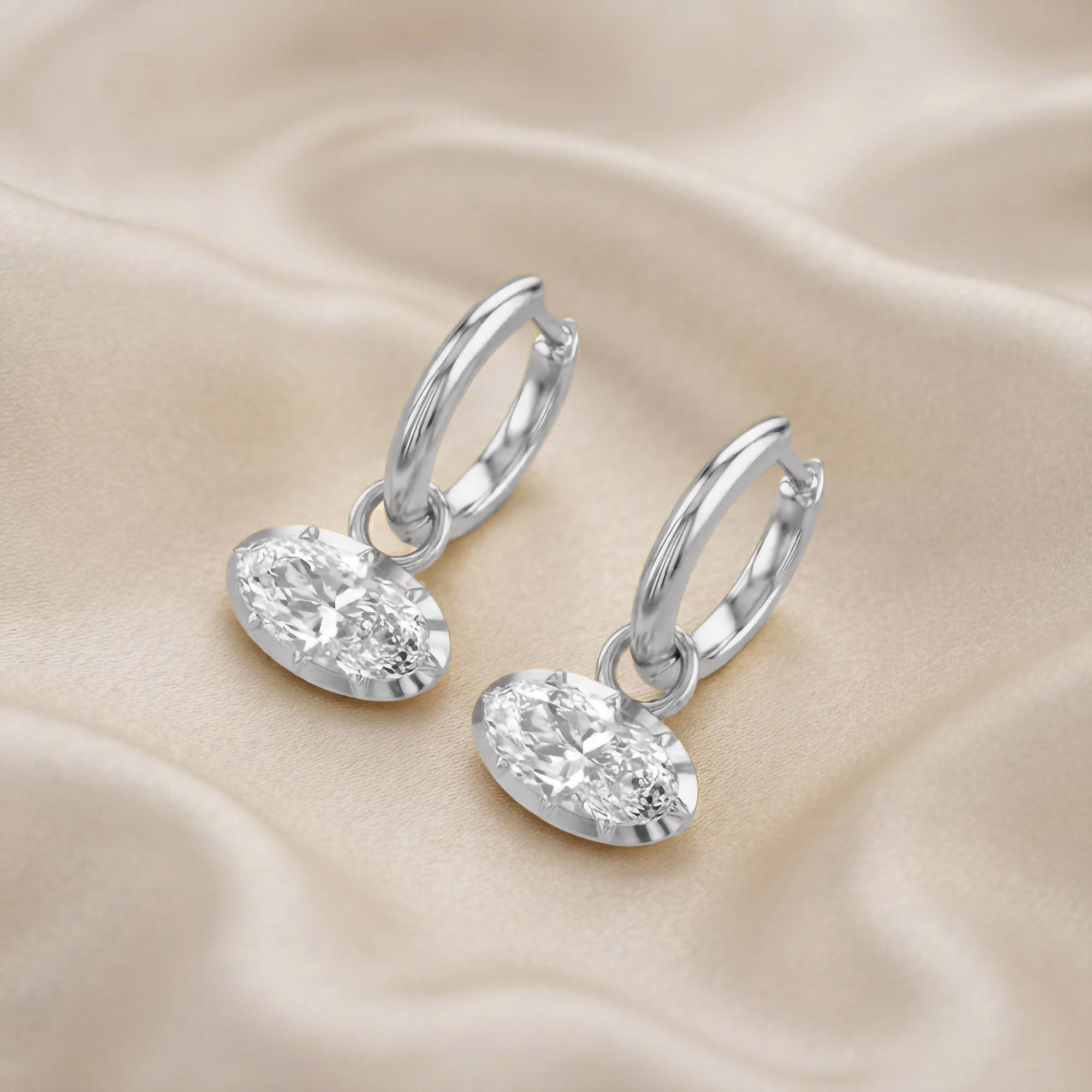 2.10 CT Elongated Oval Cut Lab Grown Diamond Huggie Hoop Drop 14k Gold Earrings