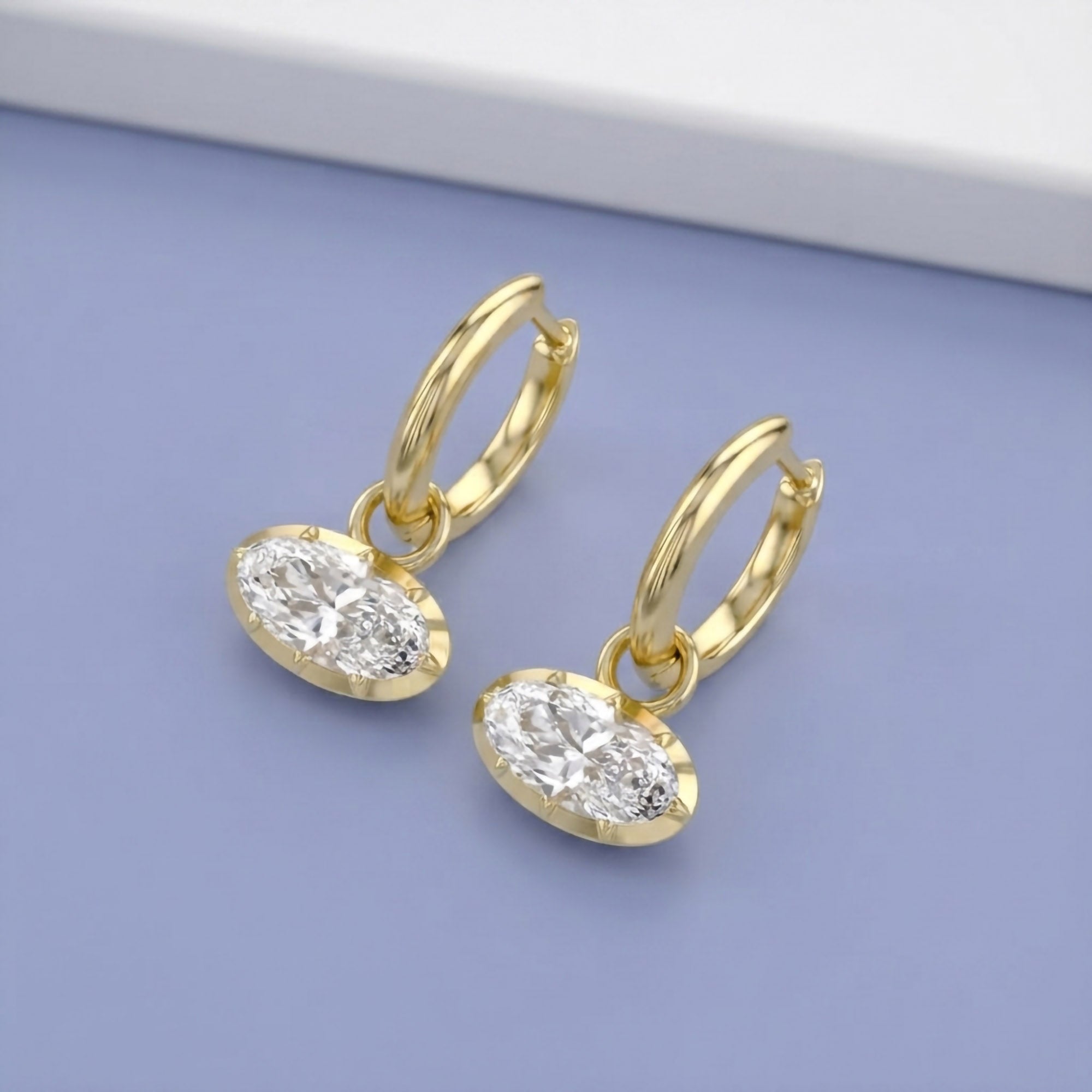 2.10 CT Elongated Oval Cut Lab Grown Diamond Huggie Hoop Drop 14k Gold Earrings