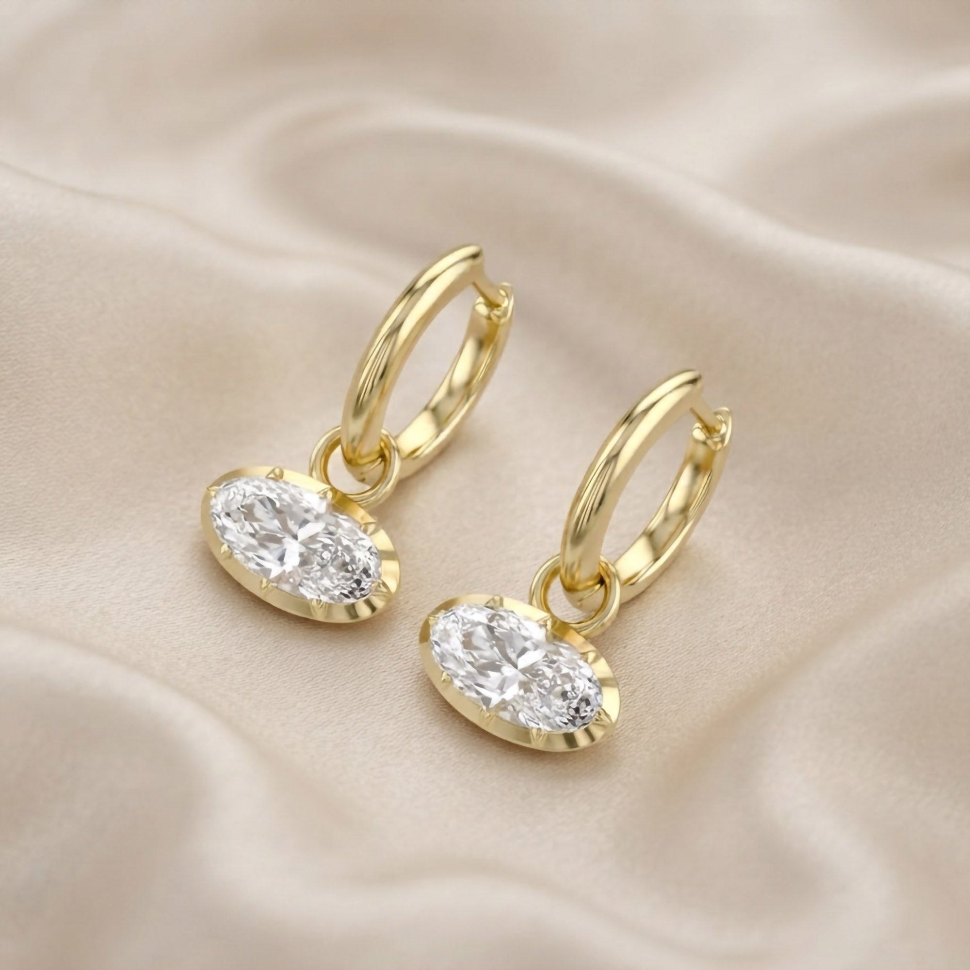 2.10 CT Elongated Oval Cut Lab Grown Diamond Huggie Hoop Drop 14k Gold Earrings