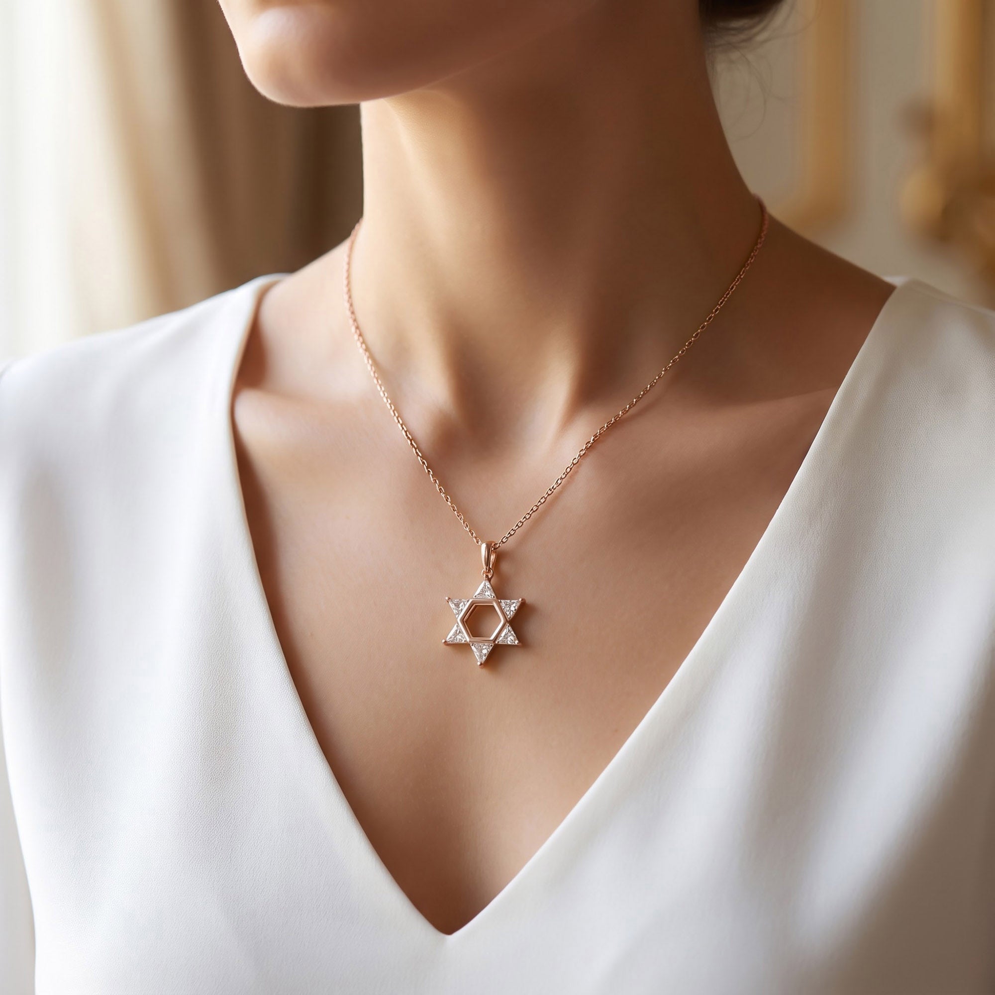 0.90 CTTW Six Triangular Lab-Grown Diamond Star of David Jewish Pendant