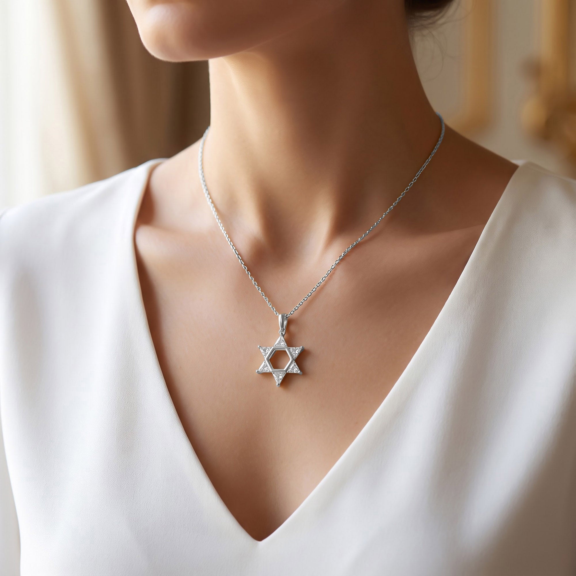 0.90 CTTW Six Triangular Lab-Grown Diamond Star of David Jewish Pendant