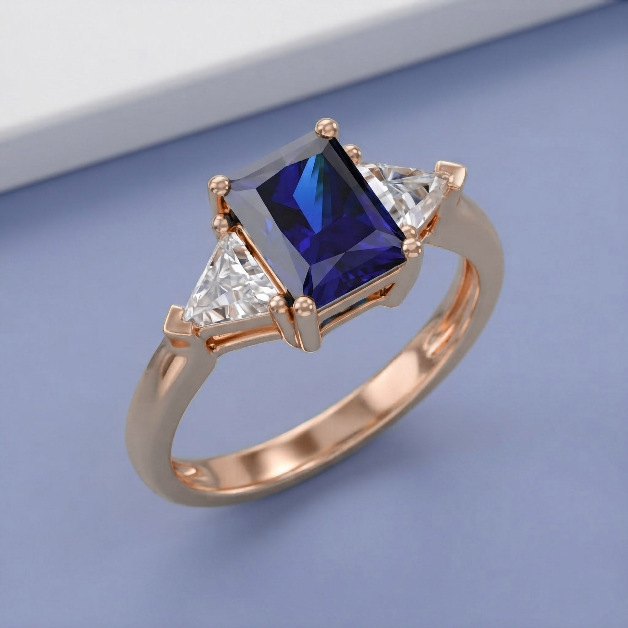 Emerald Cut Simulated Blue Sapphire with White Topaz Statement Promise Ring
