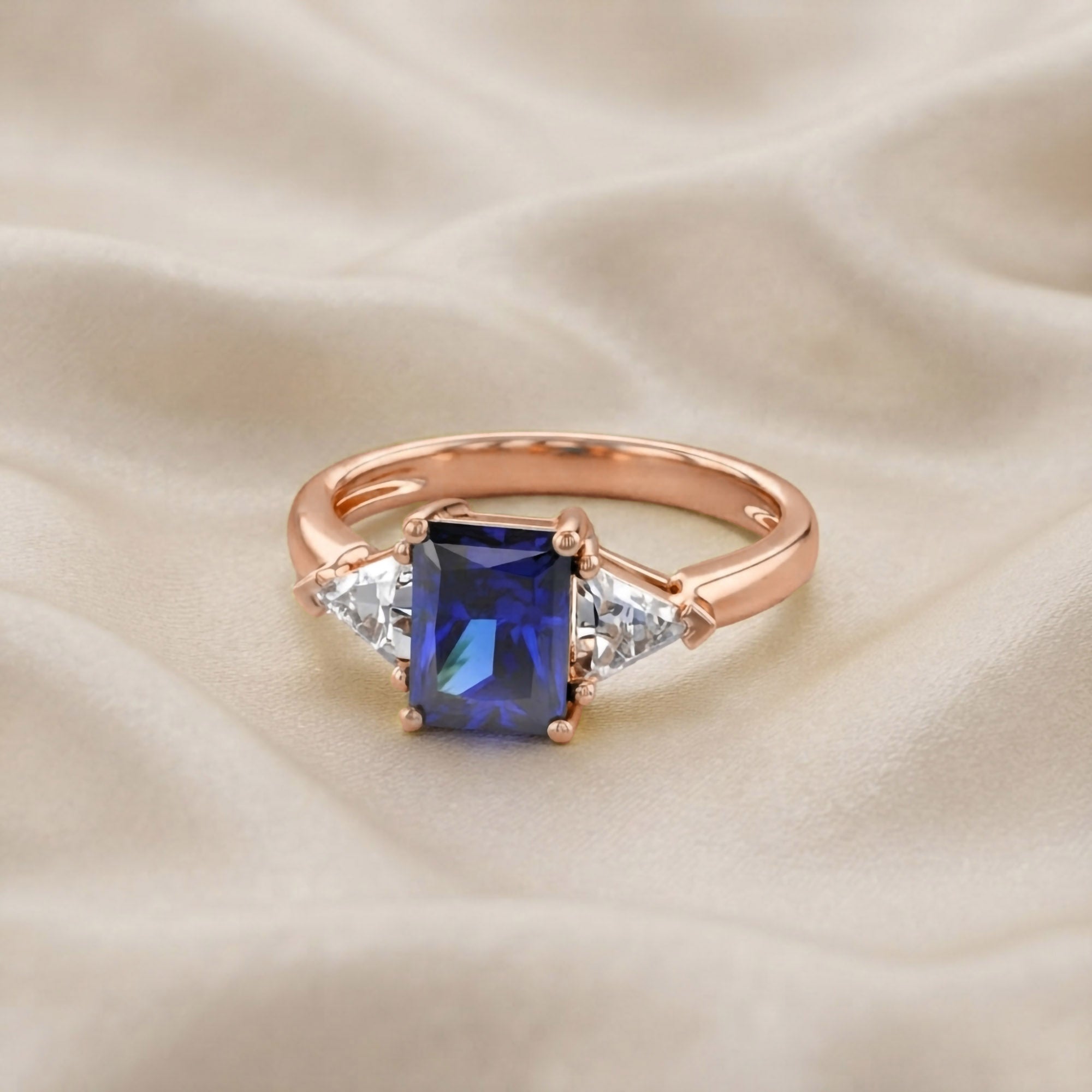 Emerald Cut Simulated Blue Sapphire with White Topaz Statement Promise Ring
