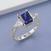 Emerald Cut Simulated Blue Sapphire with White Topaz Statement Promise Ring