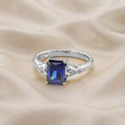 Emerald Cut Simulated Blue Sapphire with White Topaz Statement Promise Ring