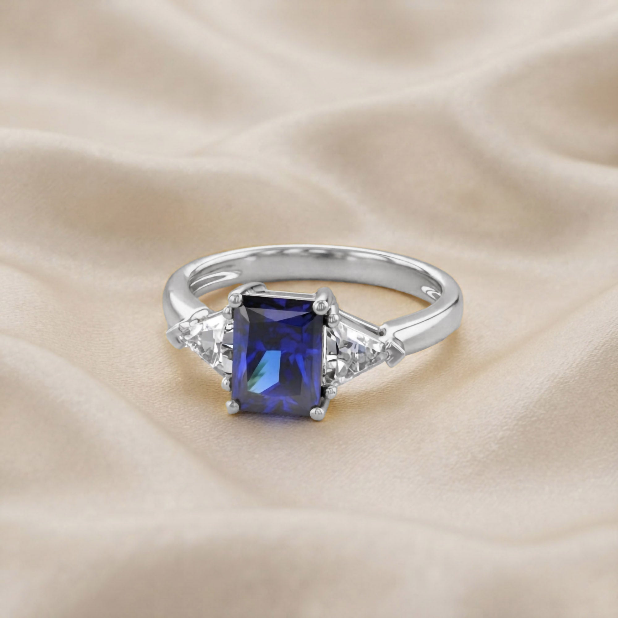 Emerald Cut Simulated Blue Sapphire with White Topaz Statement Promise Ring