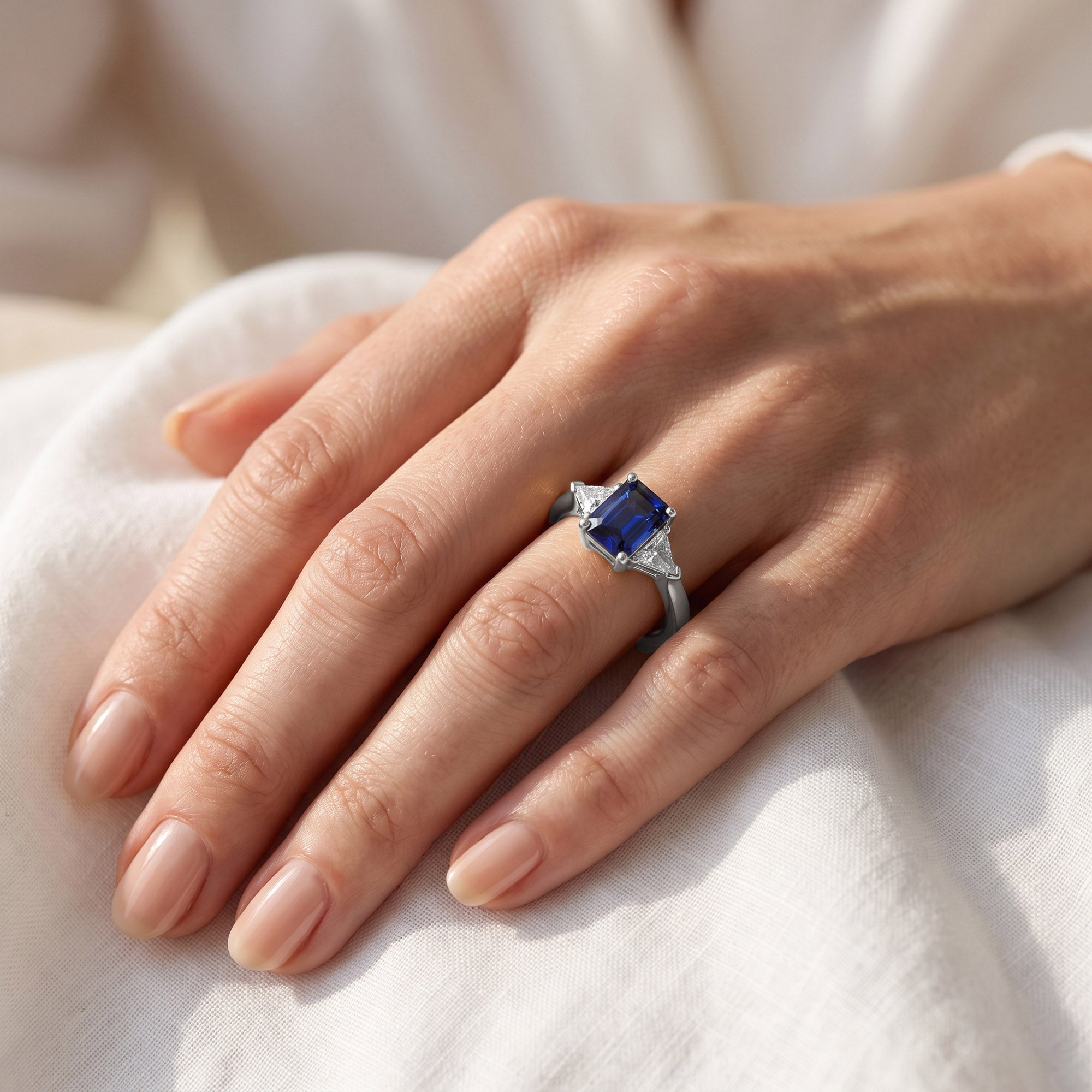 Emerald Cut Simulated Blue Sapphire with White Topaz Statement Promise Ring