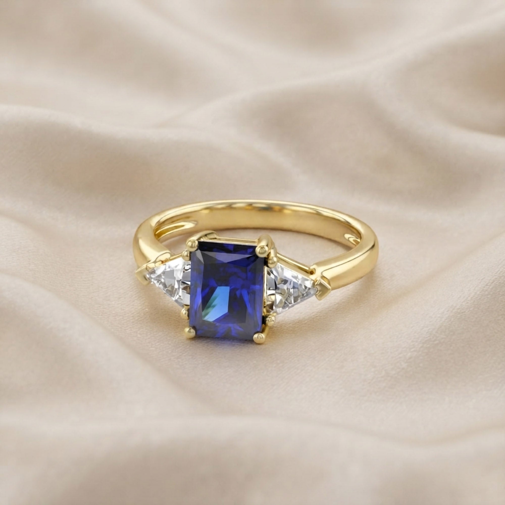 Emerald Cut Simulated Blue Sapphire with White Topaz Statement Promise Ring