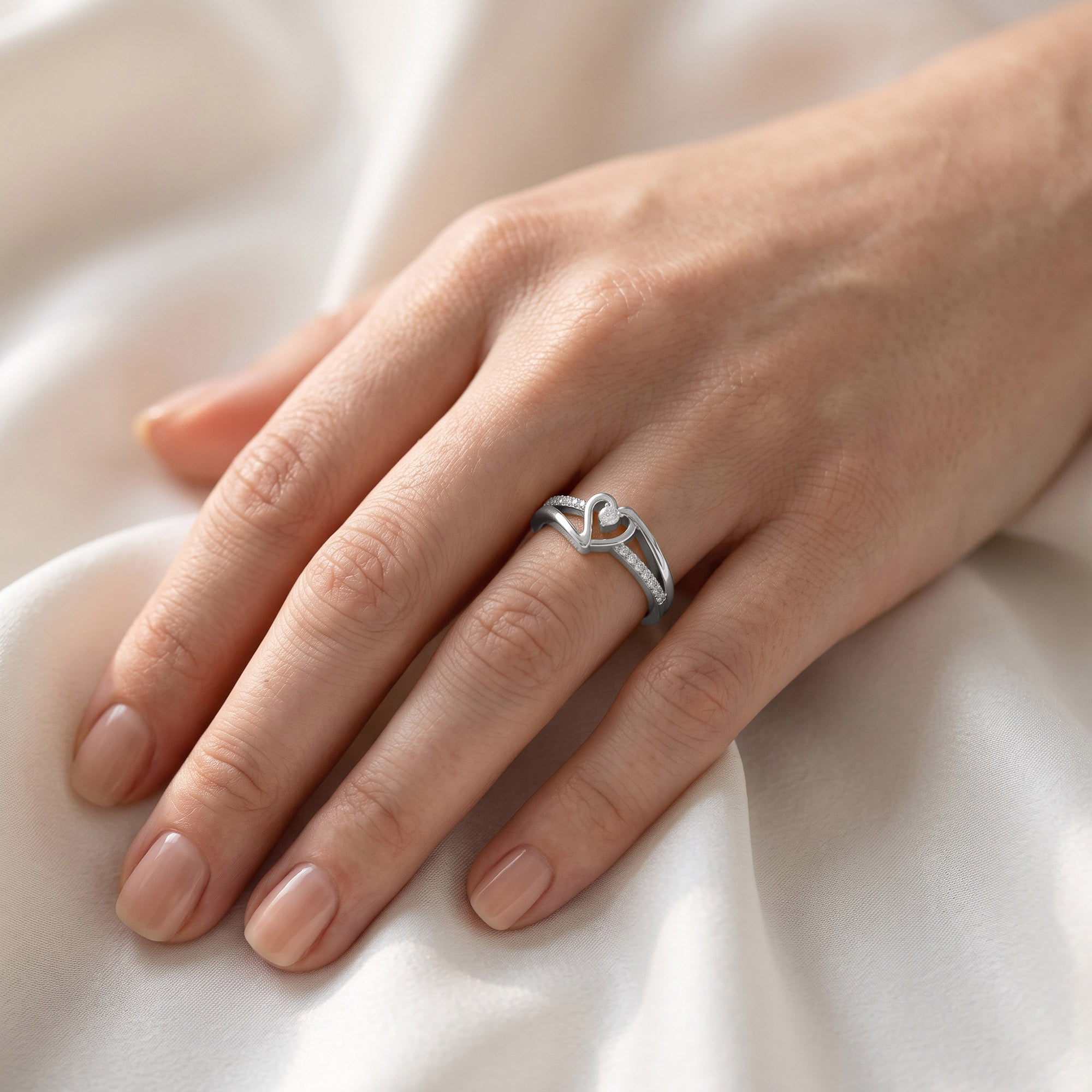 1/10 Carat CT Round White Natural Diamond Bypass Heart Promise Ring 14k Gold Over Sterling Silver Gift for Her