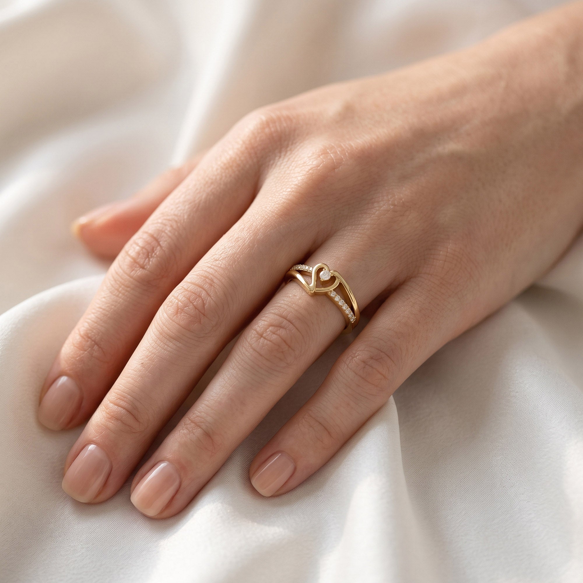 1/10 Carat CT Round White Natural Diamond Bypass Heart Promise Ring 14k Gold Over Sterling Silver Gift for Her