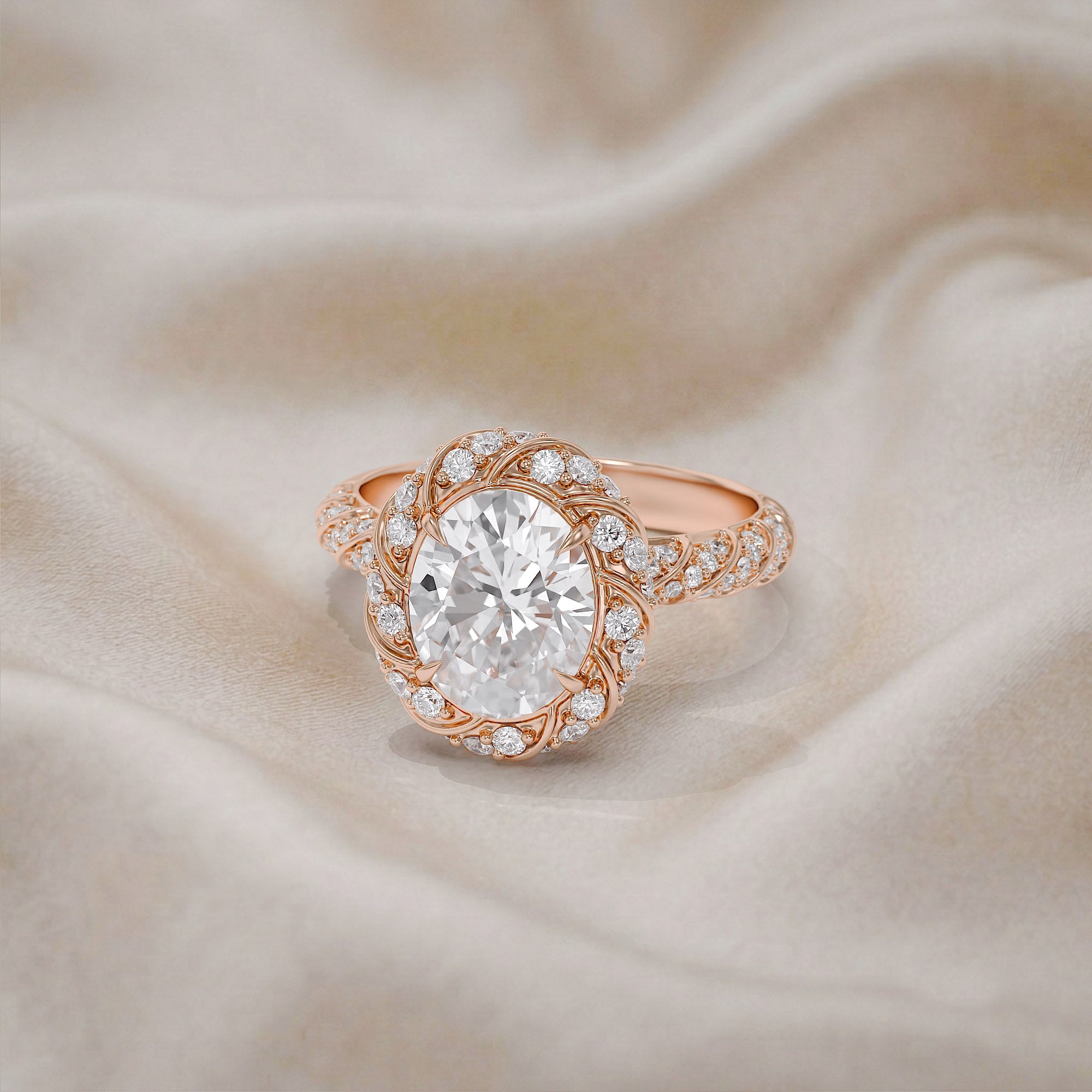 Elegant Oval Cut Diamond Engagement Ring with Round Diamond Halo