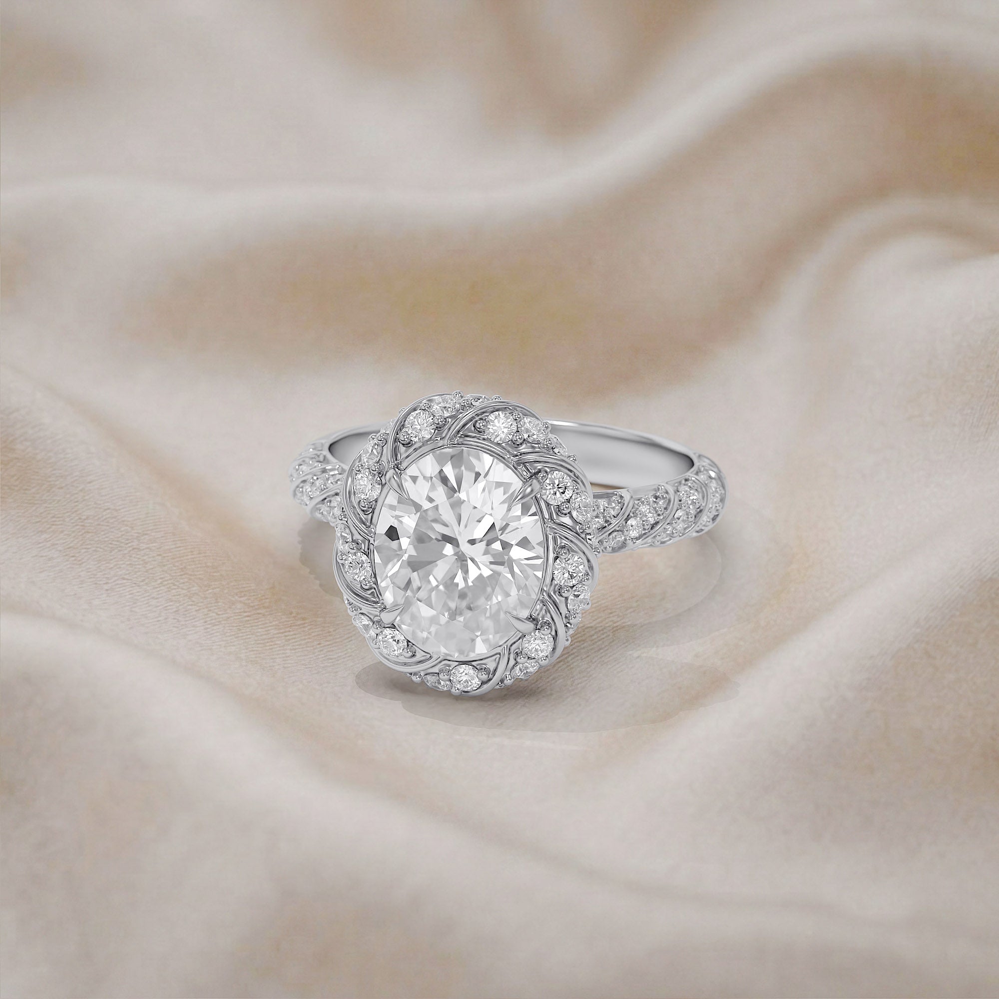 Elegant Oval Cut Diamond Engagement Ring with Round Diamond Halo