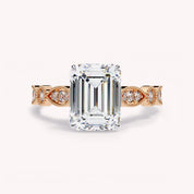 Emerald Cut Beaded Lab Grown Diamond Engagement Ring