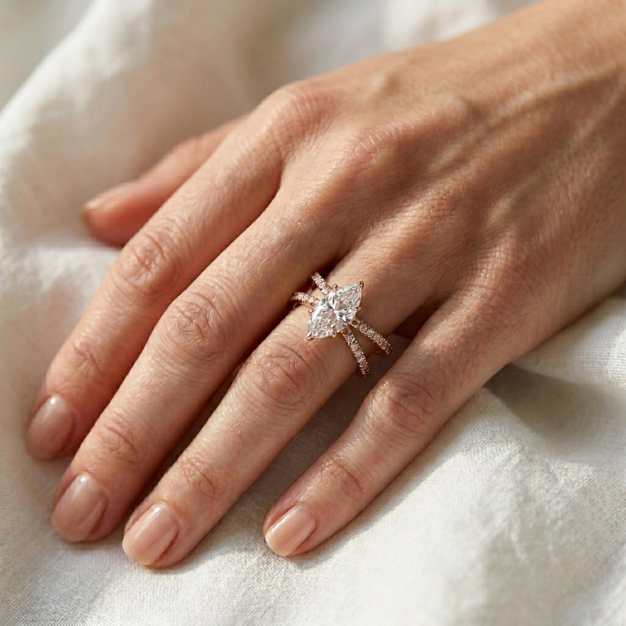Marquise Cut Criss Cross Lab Grown Diamond Engagement Ring