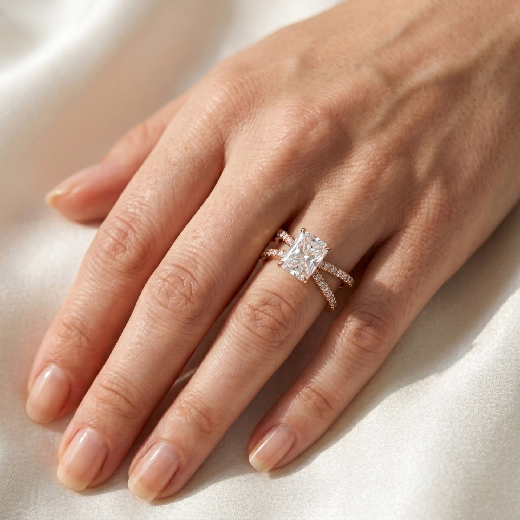 Lyric Radiant Cut Criss Cross Lab Grown Diamond Engagement Ring