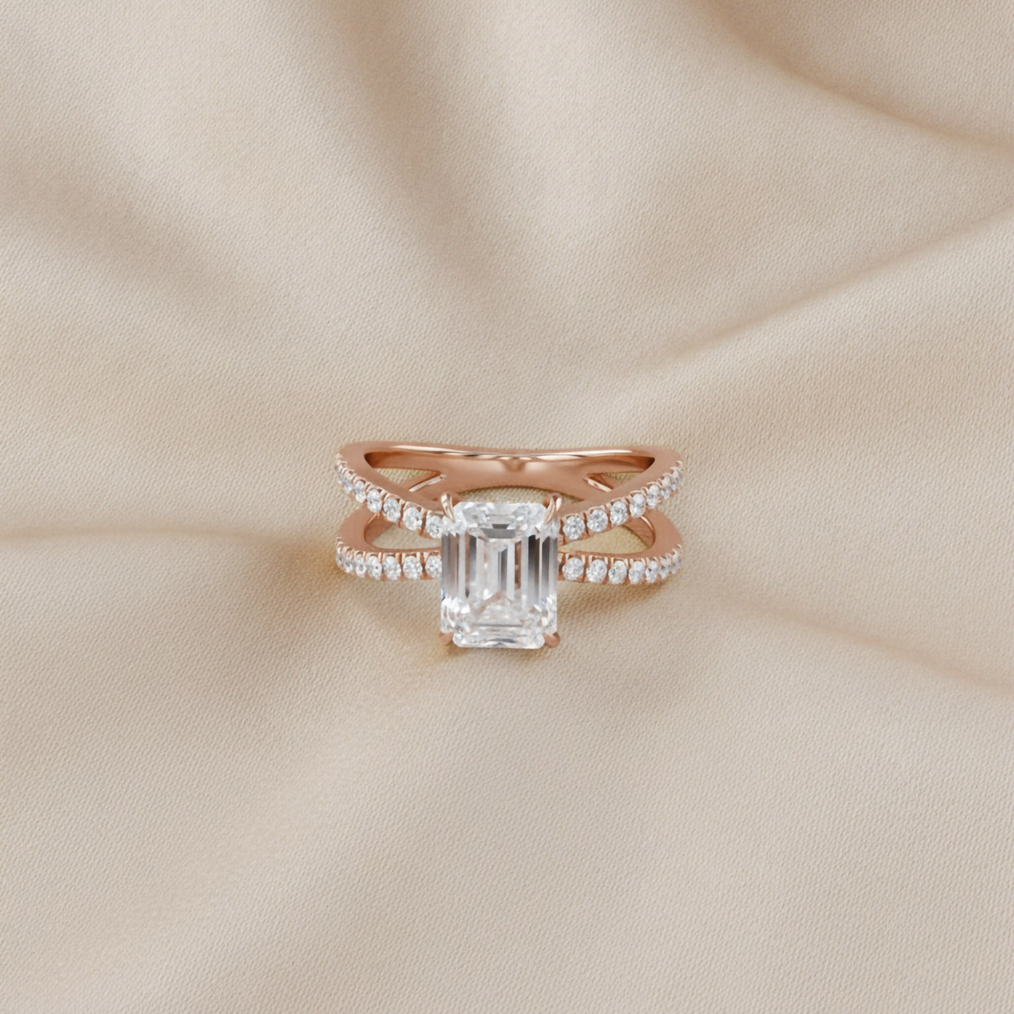 Vivien Emerald Cut Criss Cross Lab Grown Diamond Engagement Ring
