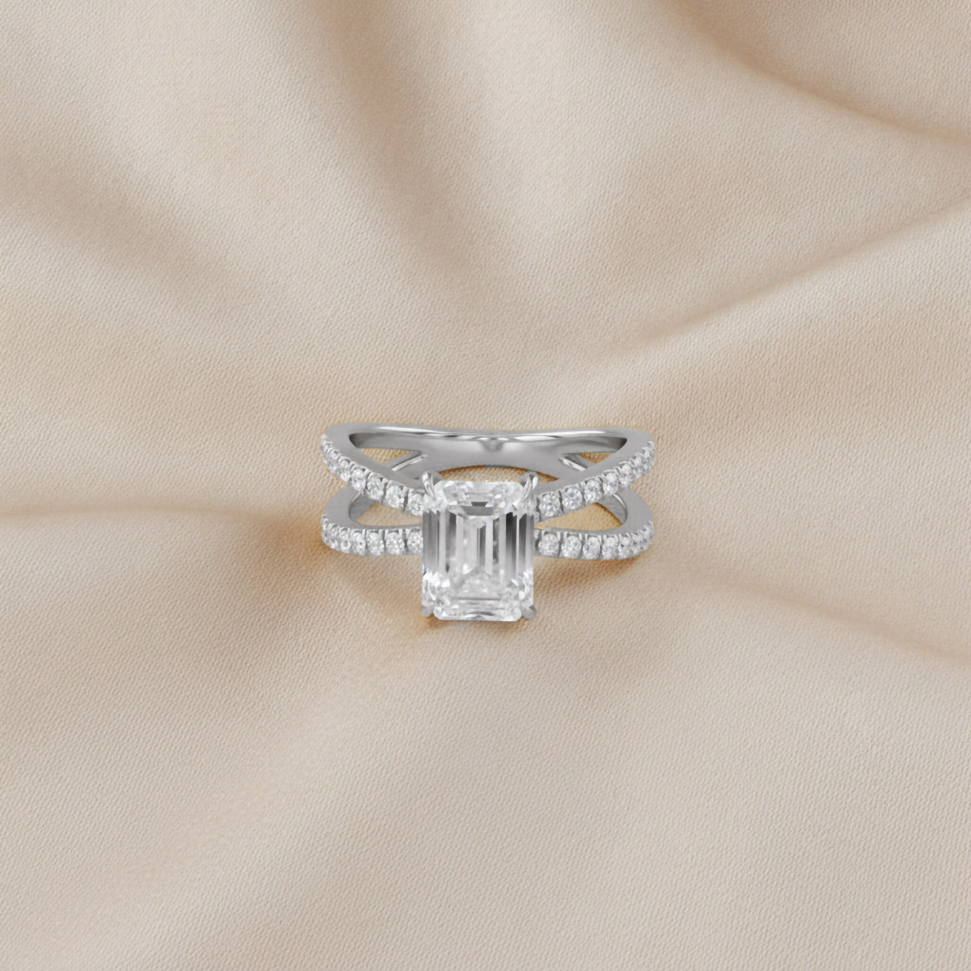 Vivien Emerald Cut Criss Cross Lab Grown Diamond Engagement Ring