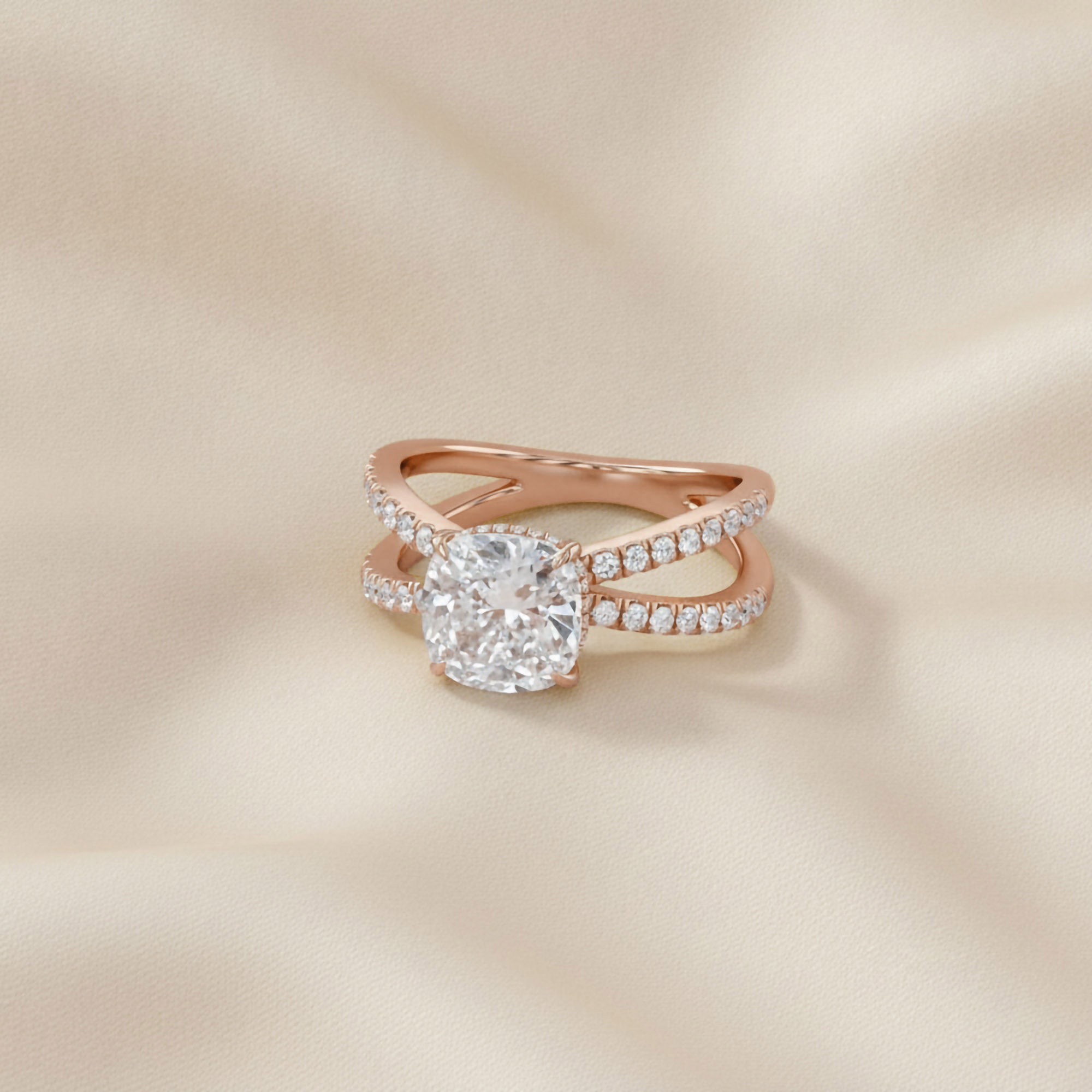 Chrysanthemum Cushion Cut Criss Cross Lab Grown Diamond Engagement Ring
