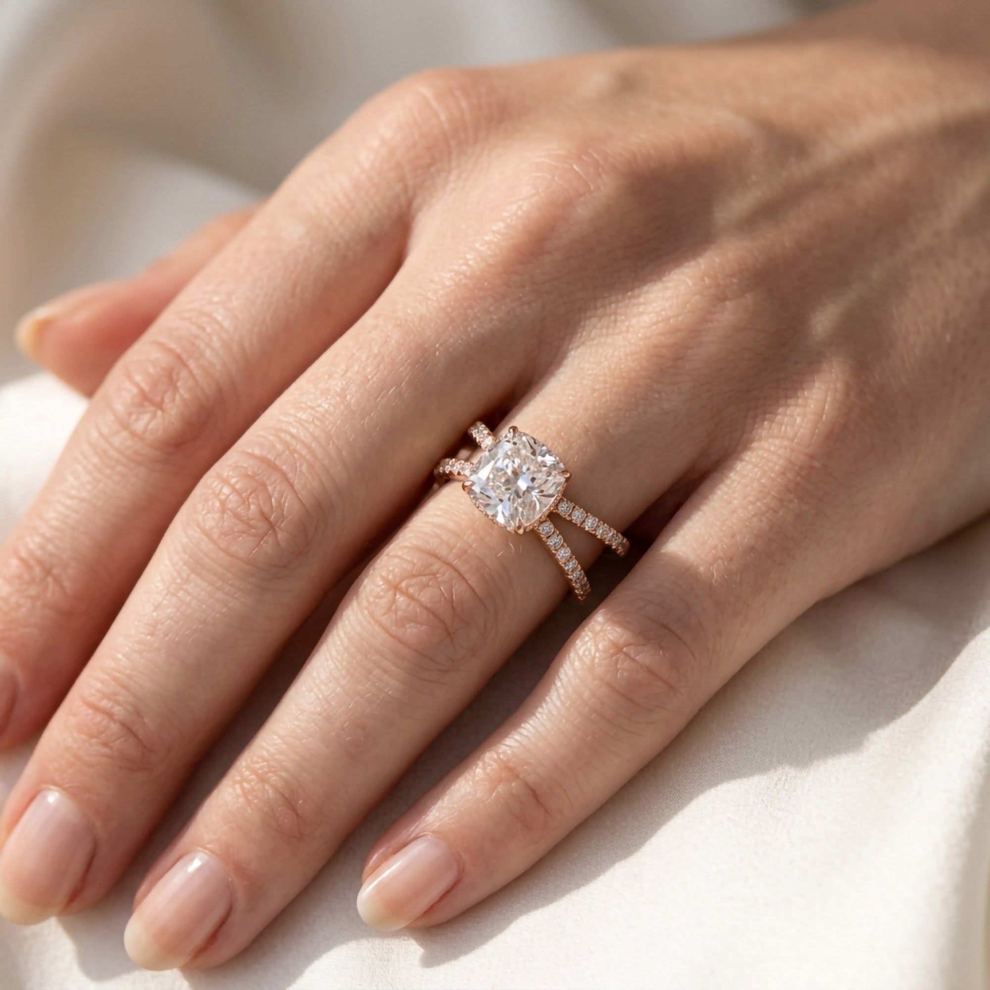 Chrysanthemum Cushion Cut Criss Cross Lab Grown Diamond Engagement Ring