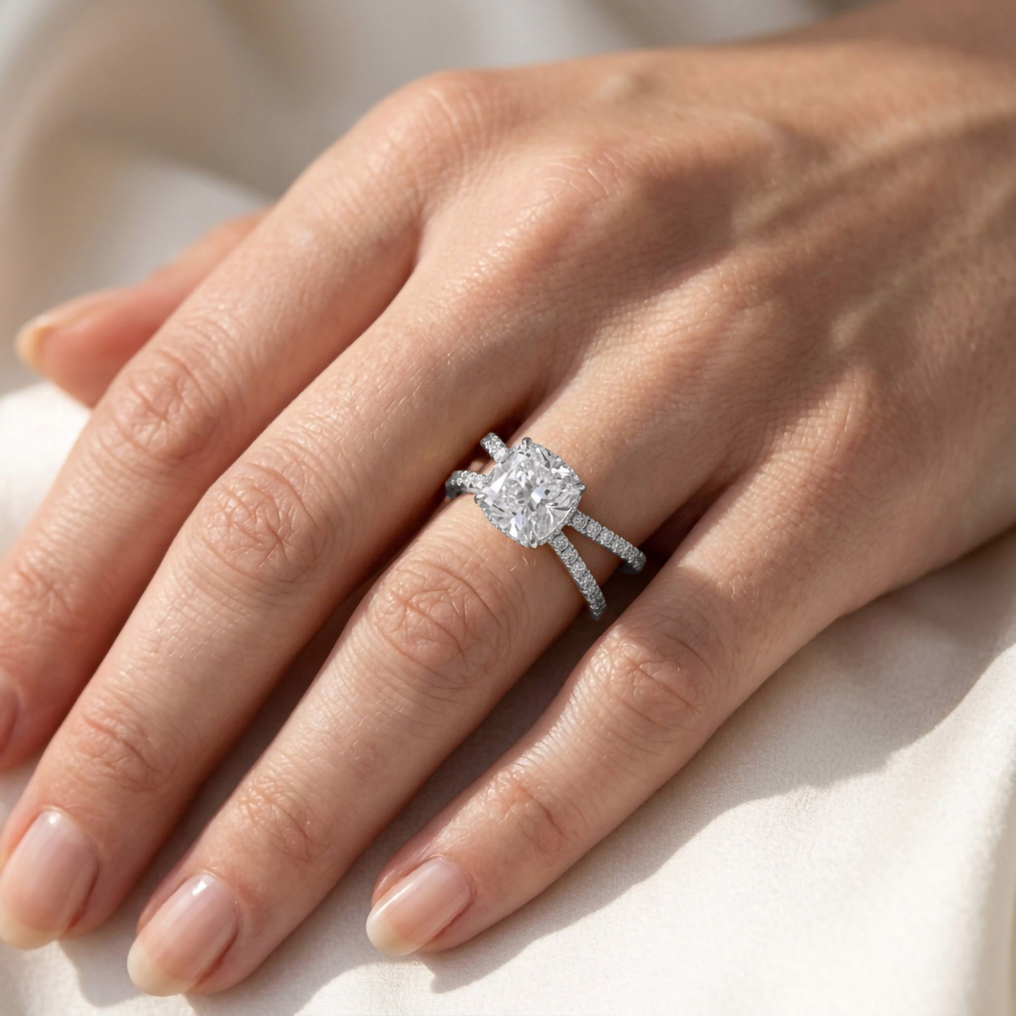 Chrysanthemum Cushion Cut Criss Cross Lab Grown Diamond Engagement Ring