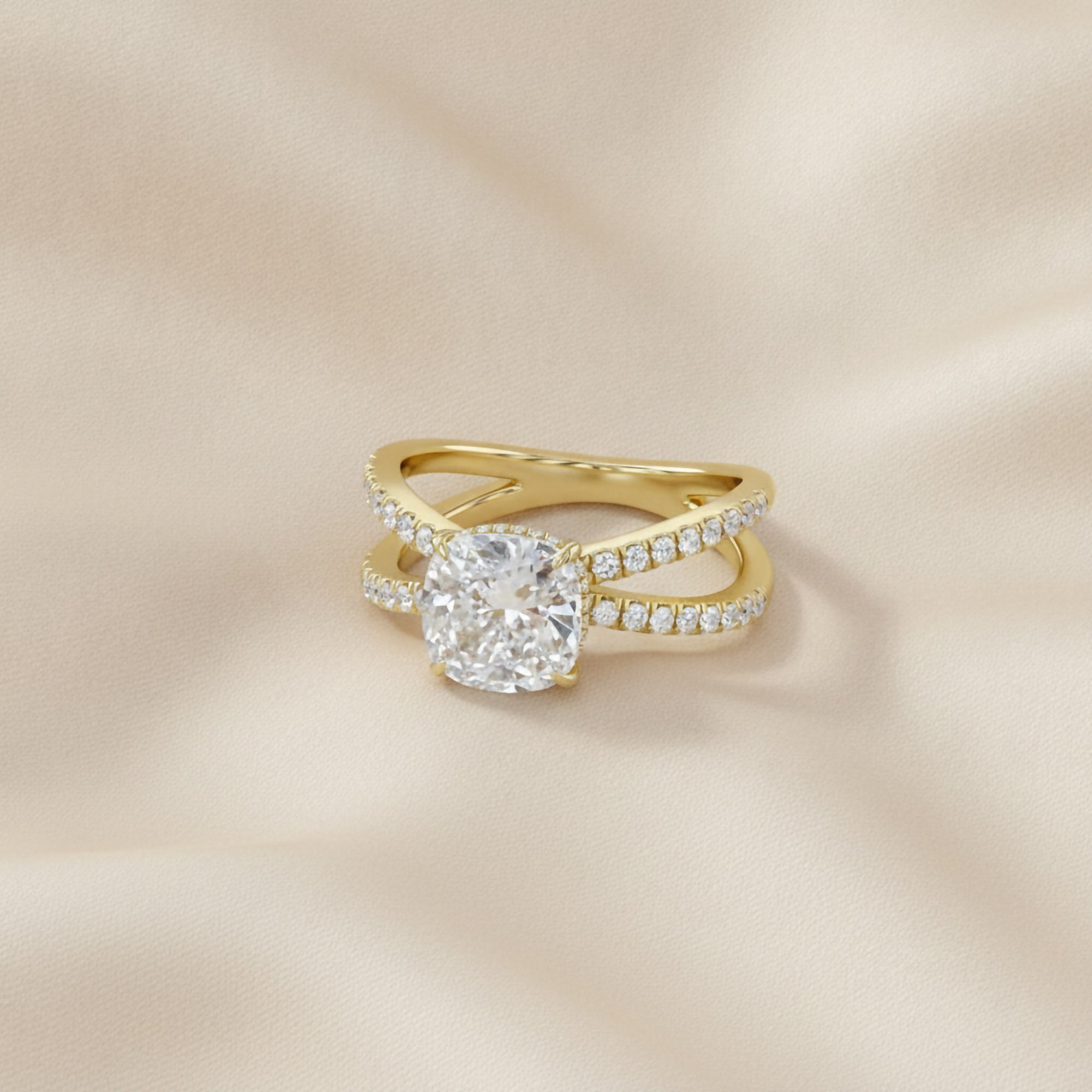 Chrysanthemum Cushion Cut Criss Cross Lab Grown Diamond Engagement Ring