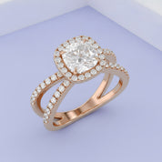 Cushion Halo Solitaire Criss Cross Lab Grown Diamond Engagement Ring