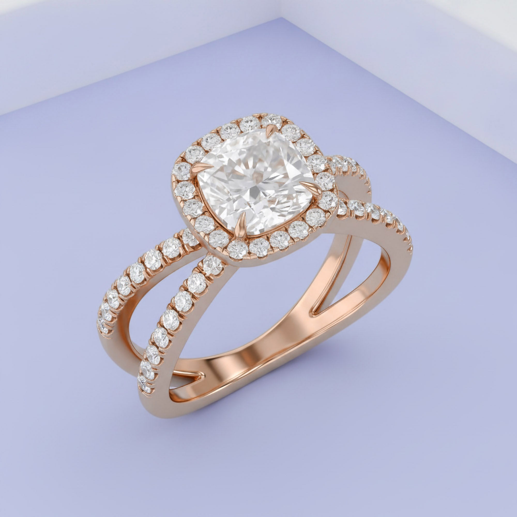 Cushion Halo Solitaire Criss Cross Lab Grown Diamond Engagement Ring