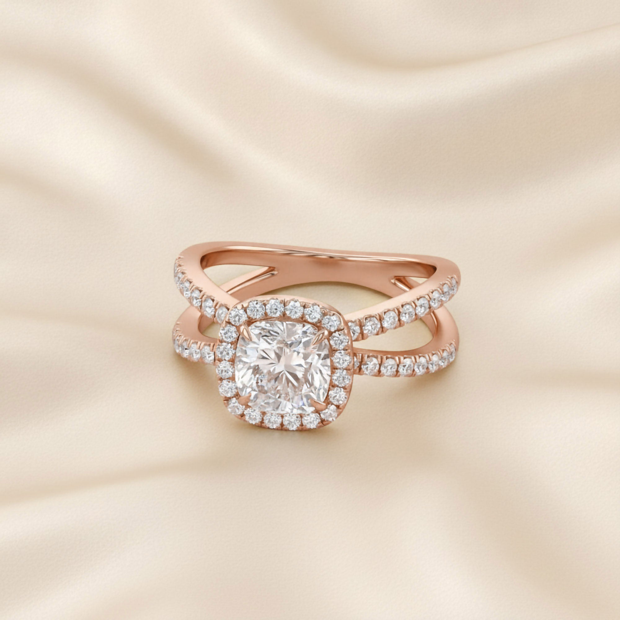 Cushion Halo Solitaire Criss Cross Lab Grown Diamond Engagement Ring