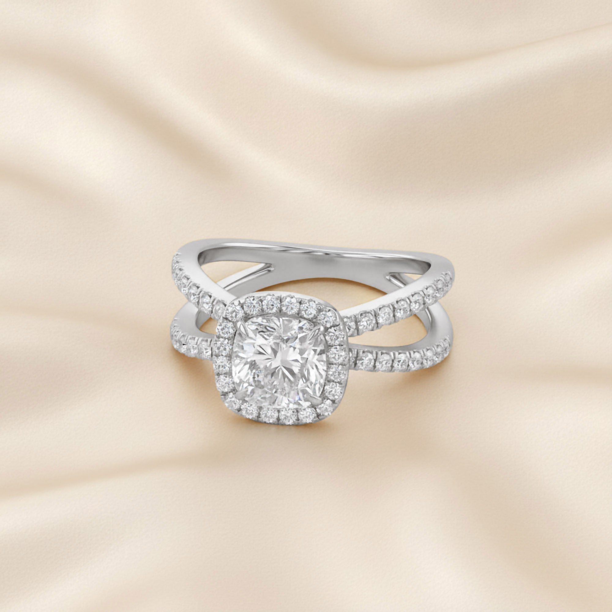 Cushion Halo Solitaire Criss Cross Lab Grown Diamond Engagement Ring