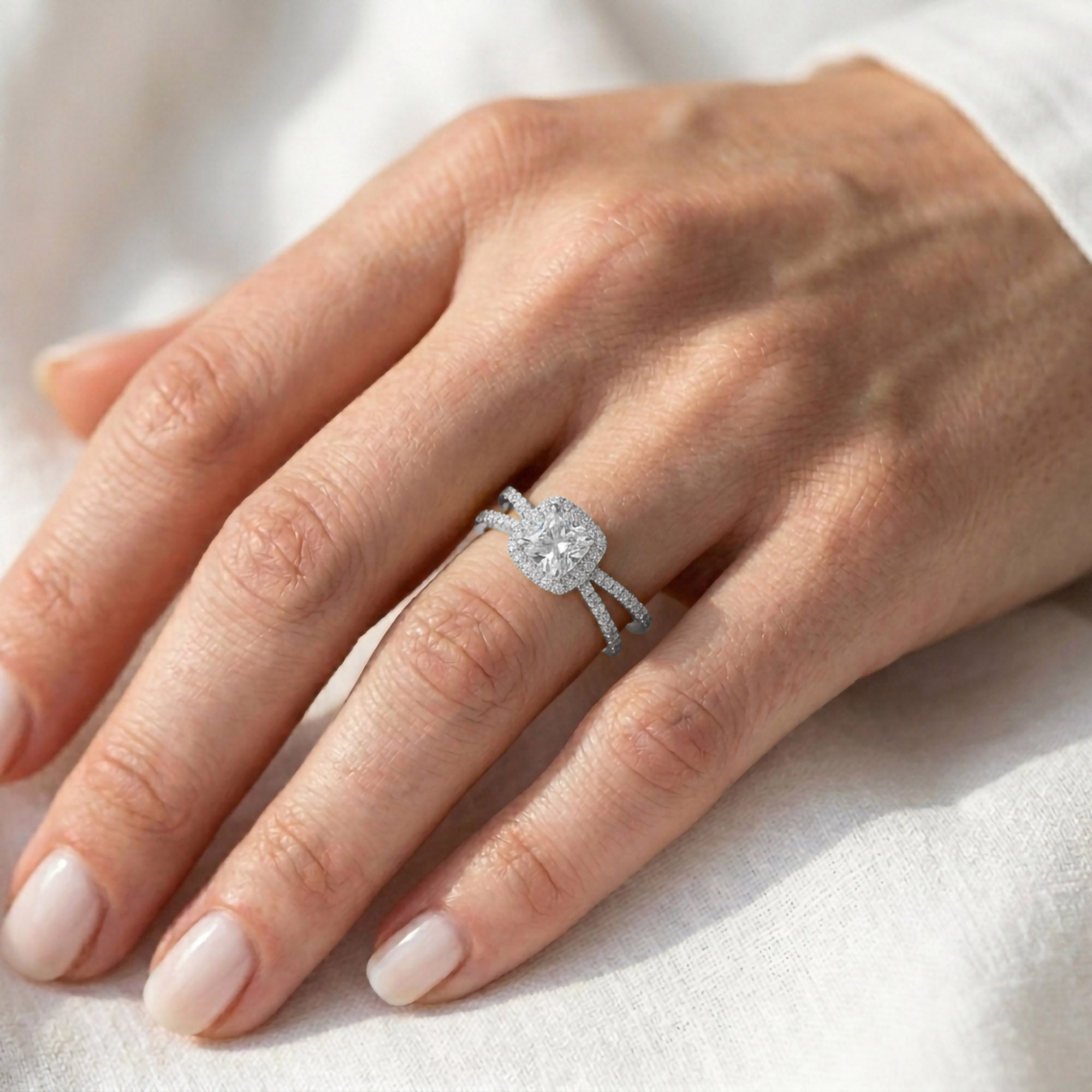 Cushion Halo Solitaire Criss Cross Lab Grown Diamond Engagement Ring