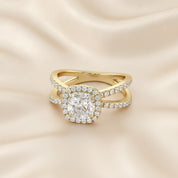 Cushion Halo Solitaire Criss Cross Lab Grown Diamond Engagement Ring