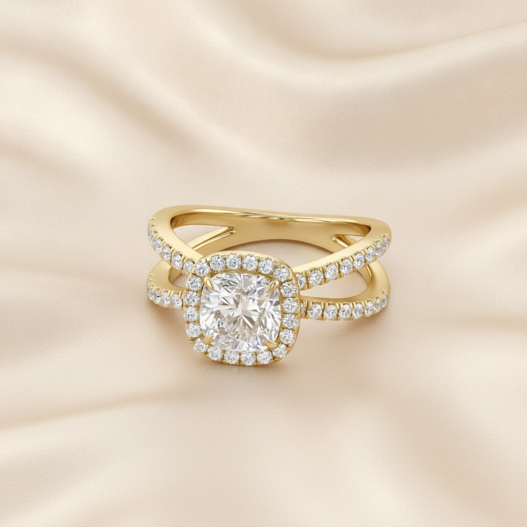 Cushion Halo Solitaire Criss Cross Lab Grown Diamond Engagement Ring