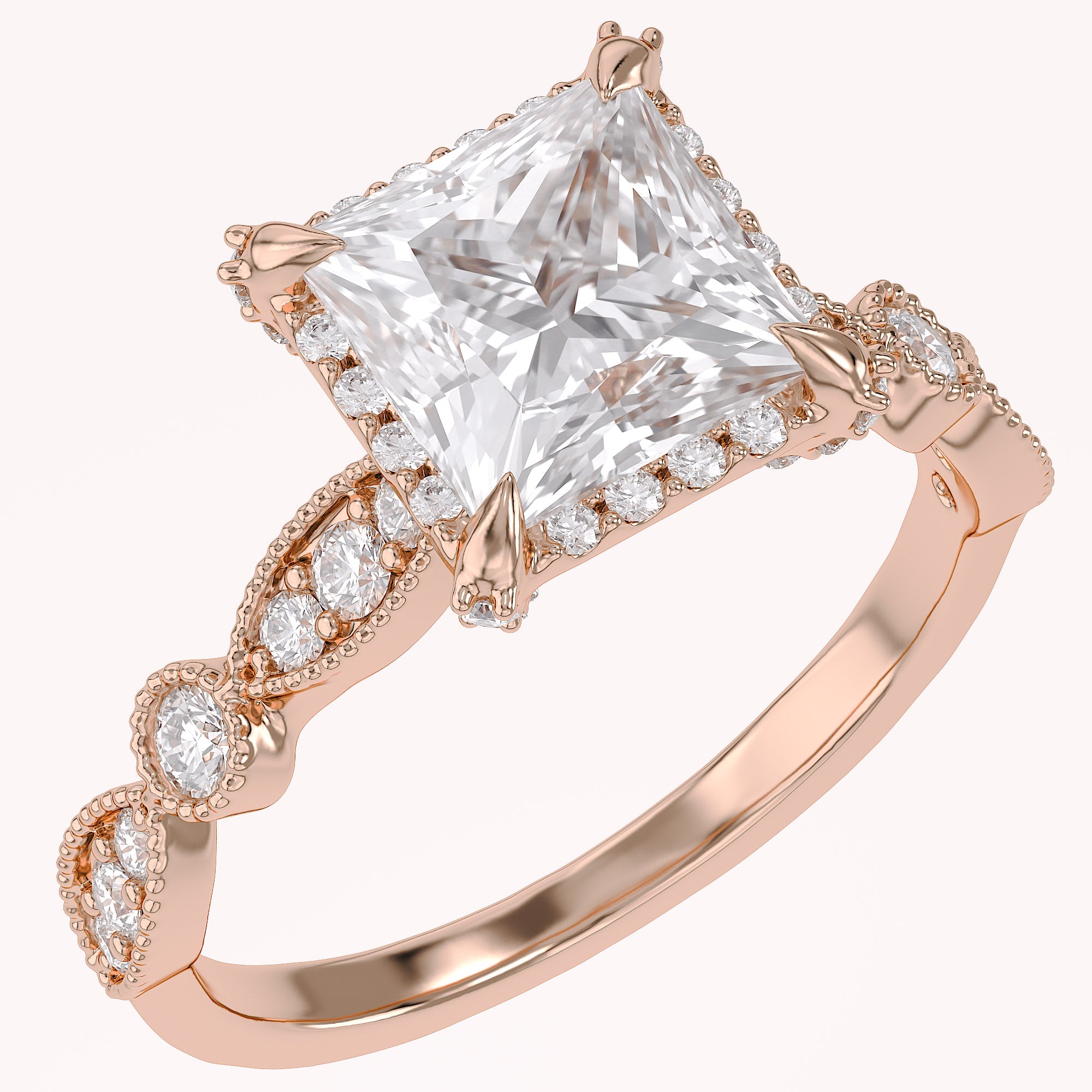Princess Hidden Halo Solitare Lab Grown Diamond Beaded Engagement Ring