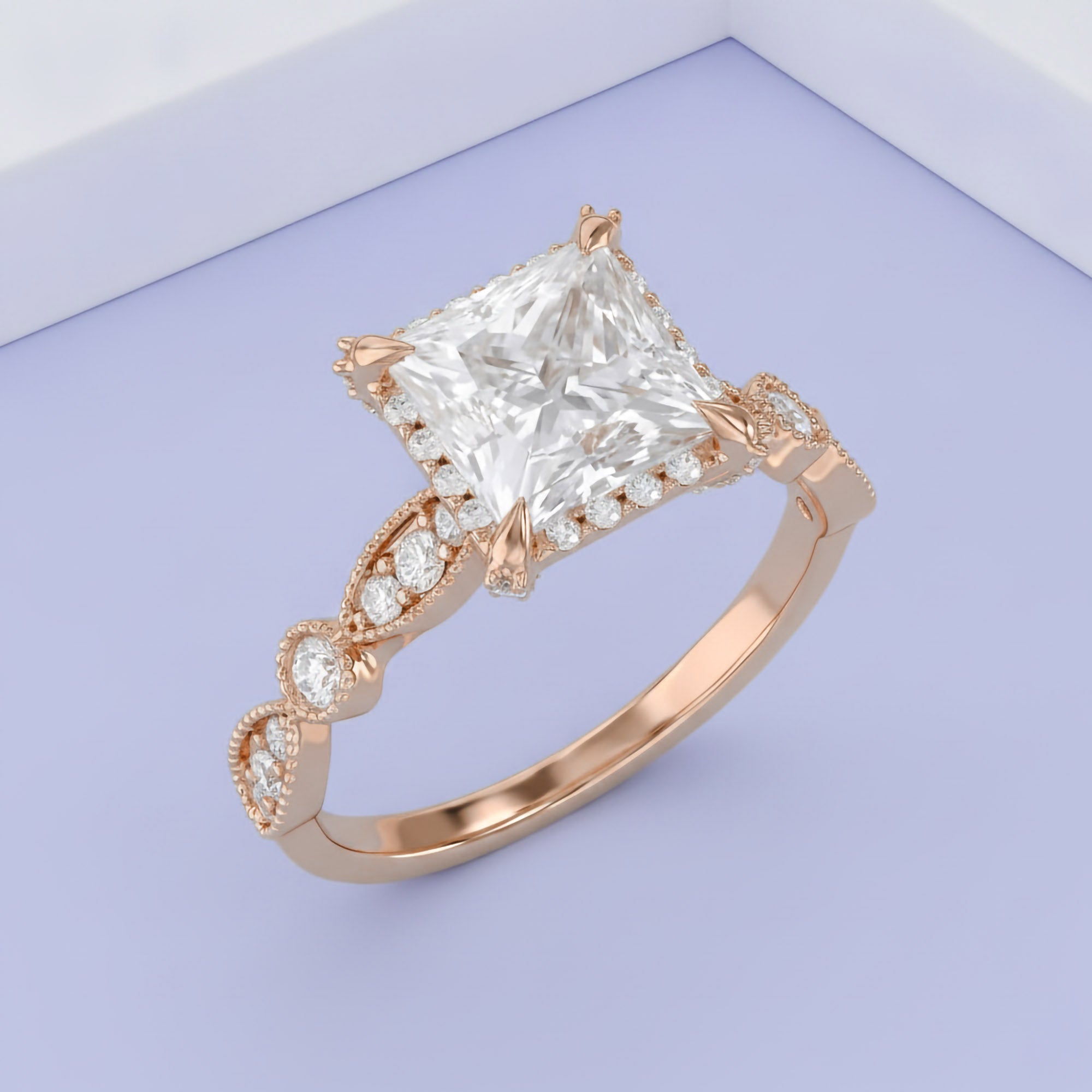 Princess Hidden Halo Solitare Lab Grown Diamond Beaded Engagement Ring