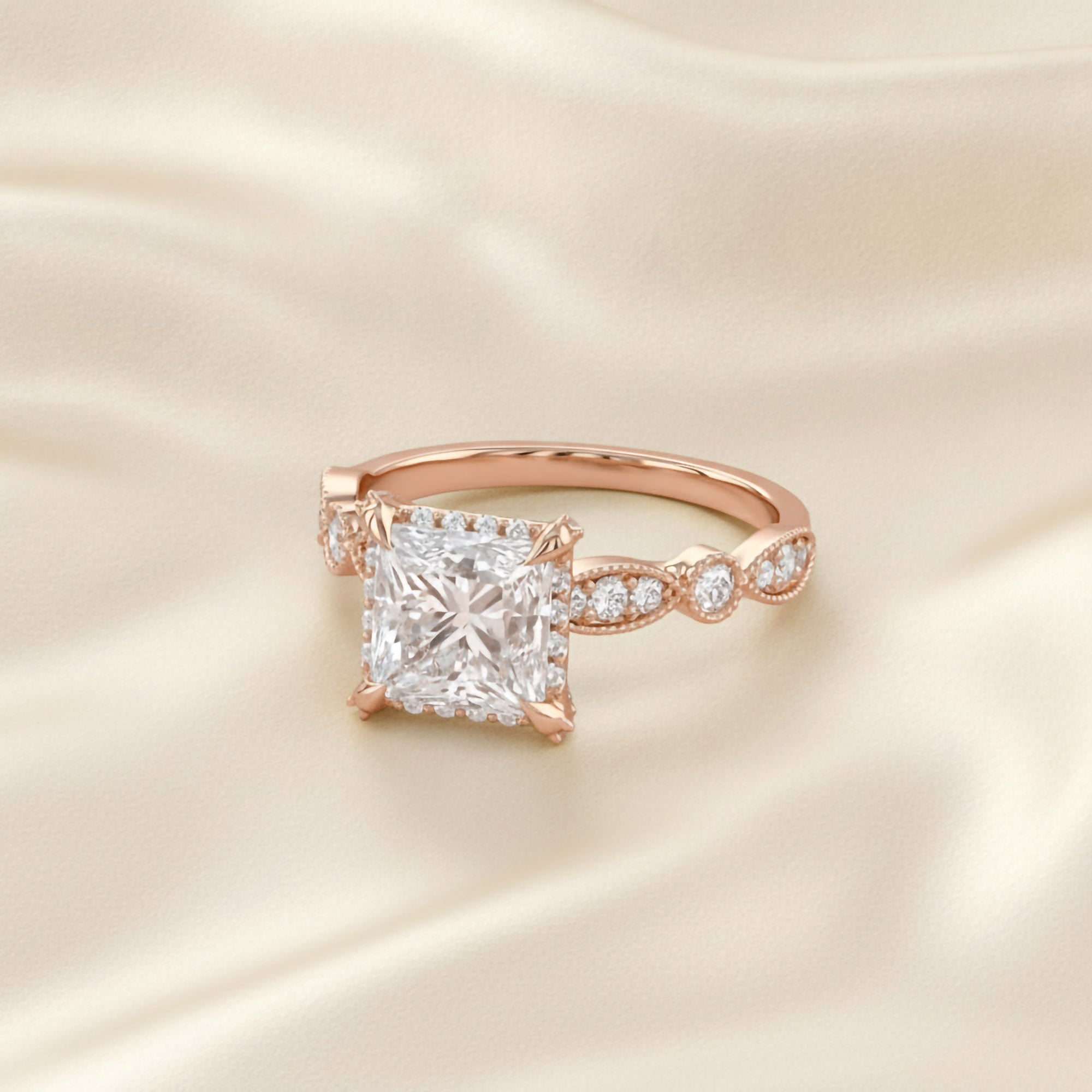 Princess Hidden Halo Solitare Lab Grown Diamond Beaded Engagement Ring