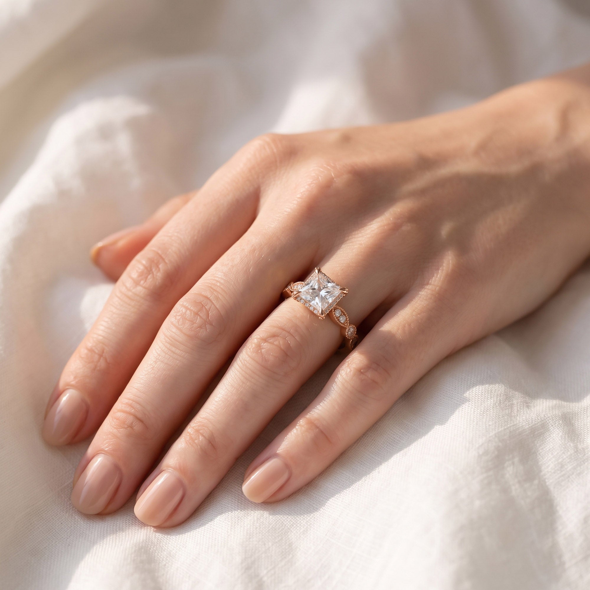 Princess Hidden Halo Solitare Lab Grown Diamond Beaded Engagement Ring