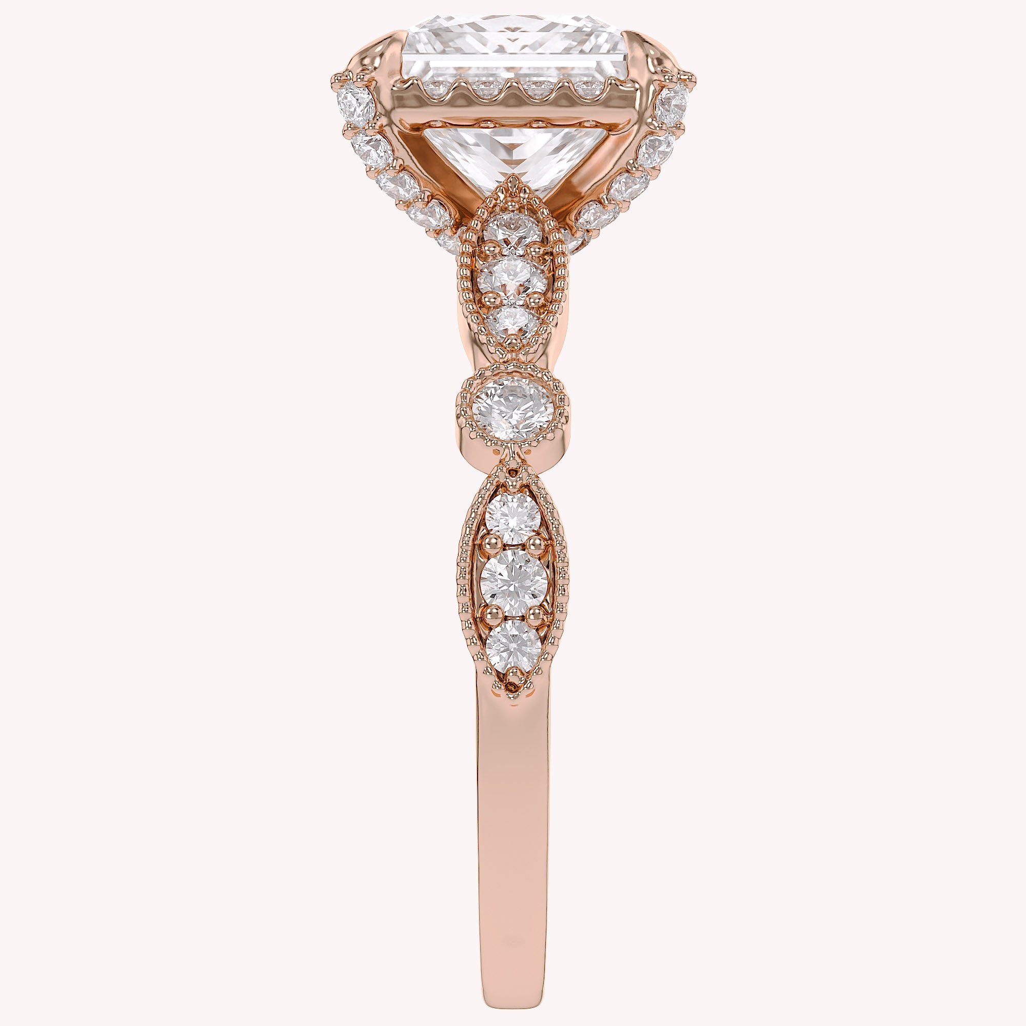 Princess Hidden Halo Solitare Lab Grown Diamond Beaded Engagement Ring