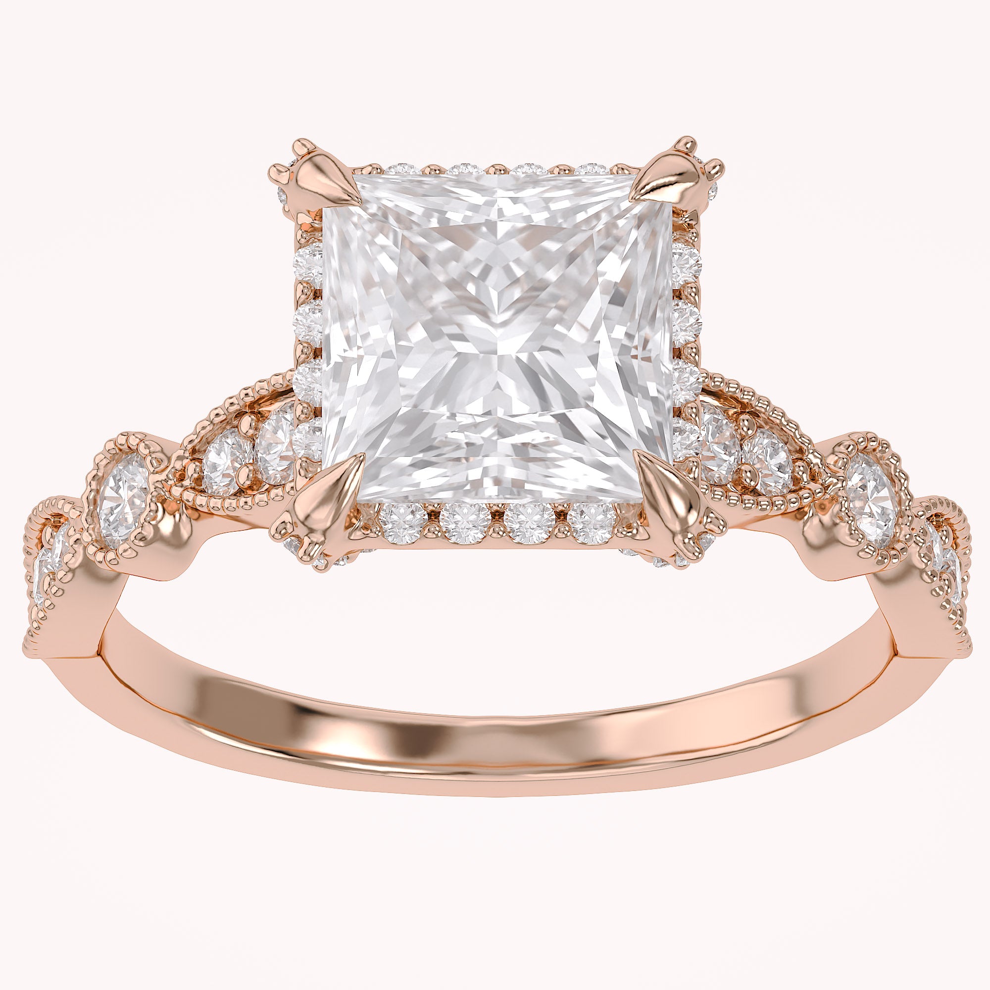 Princess Hidden Halo Solitare Lab Grown Diamond Beaded Engagement Ring
