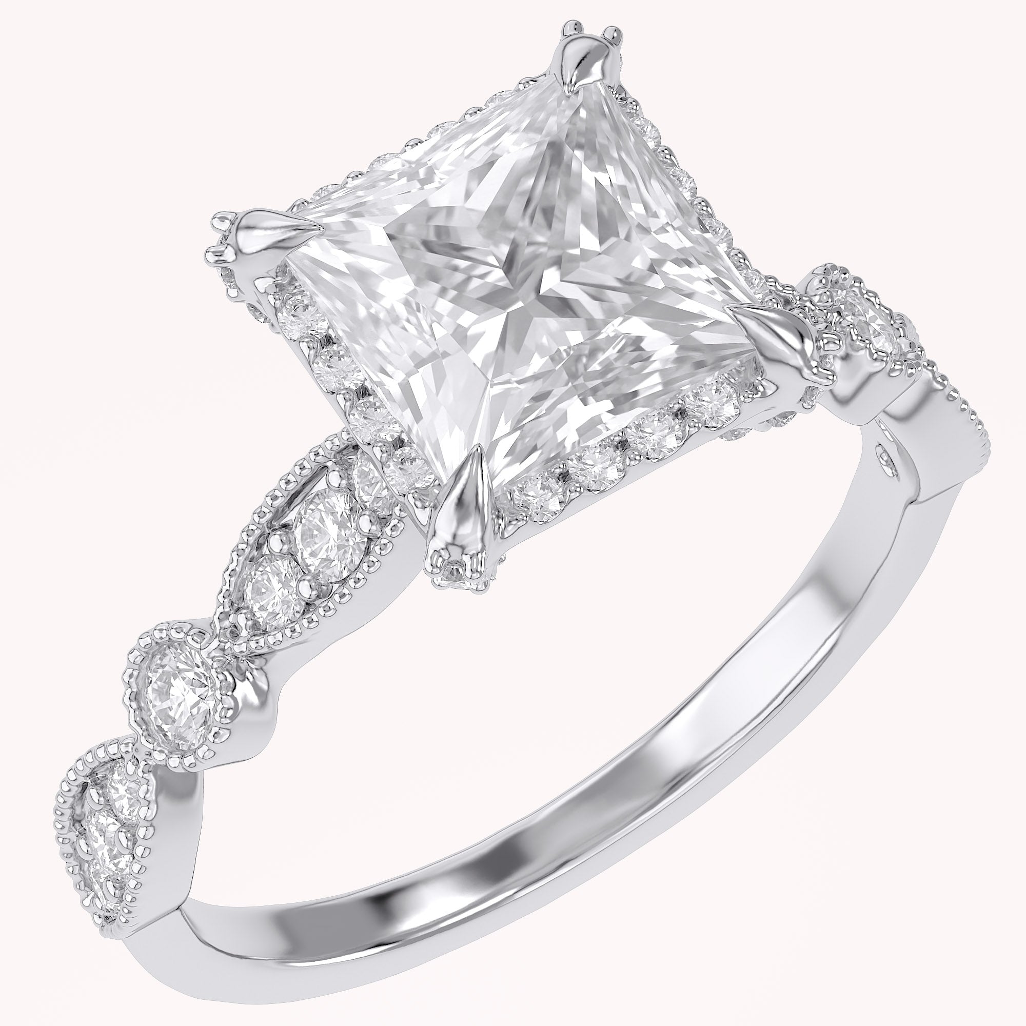 Princess Hidden Halo Solitare Lab Grown Diamond Beaded Engagement Ring