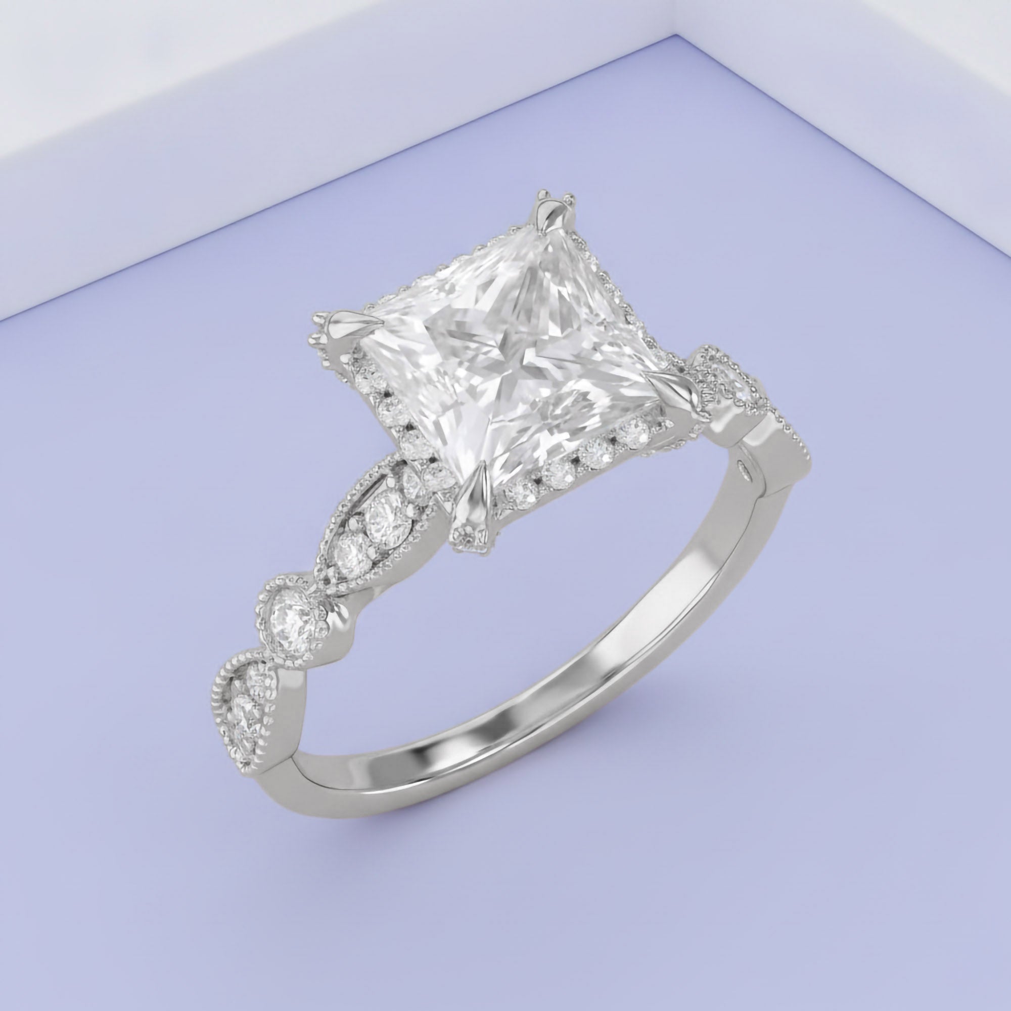 Princess Hidden Halo Solitare Lab Grown Diamond Beaded Engagement Ring
