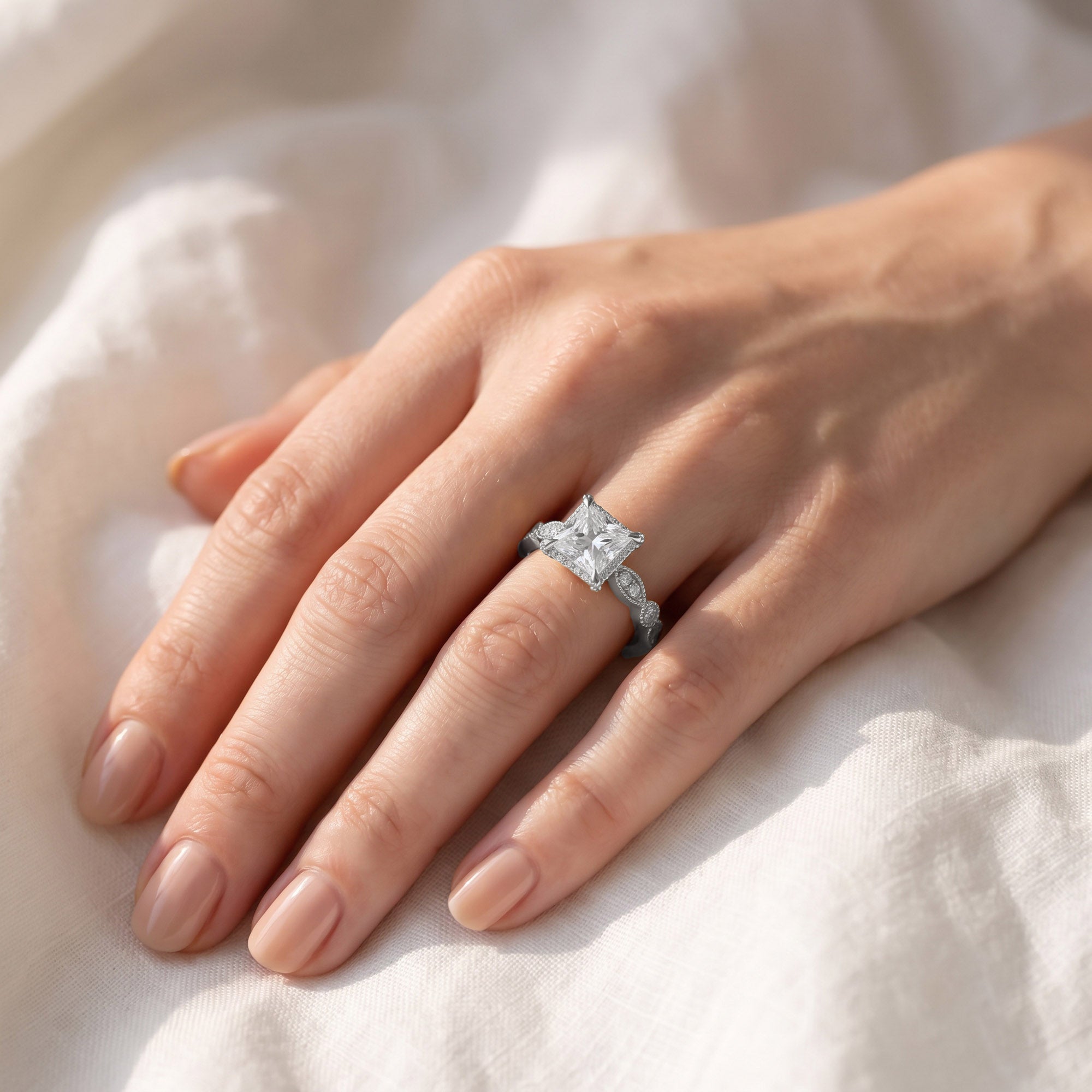 Princess Hidden Halo Solitare Lab Grown Diamond Beaded Engagement Ring