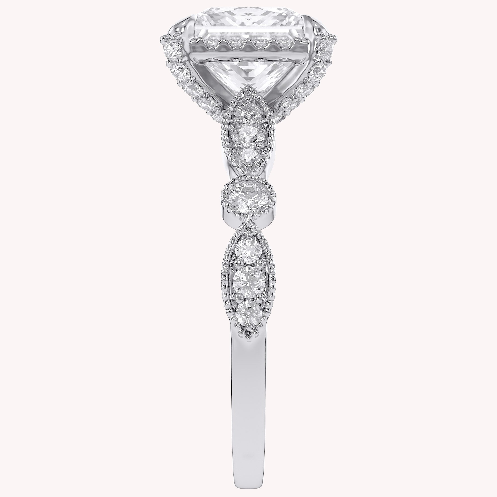 Princess Hidden Halo Solitare Lab Grown Diamond Beaded Engagement Ring