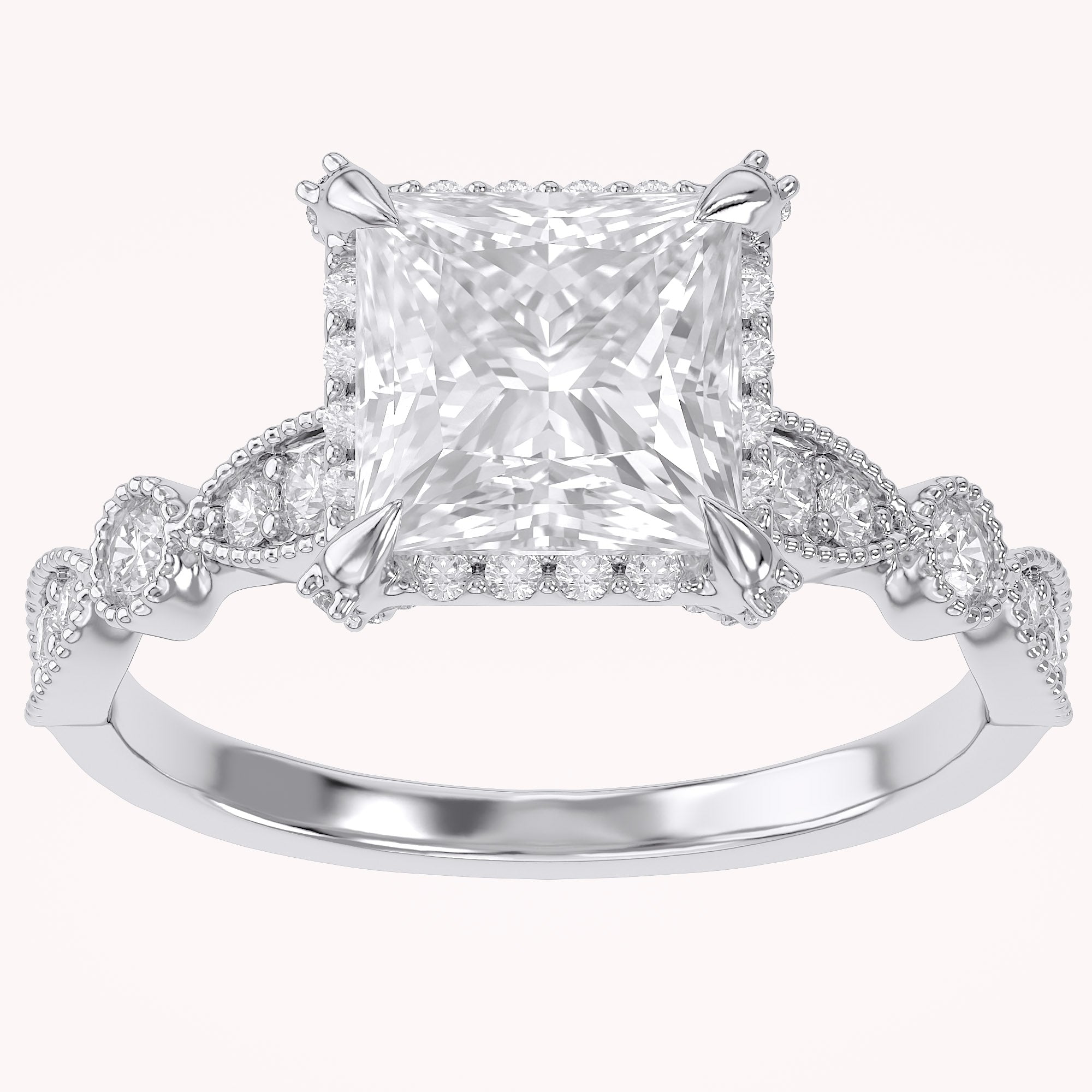 Princess Hidden Halo Solitare Lab Grown Diamond Beaded Engagement Ring